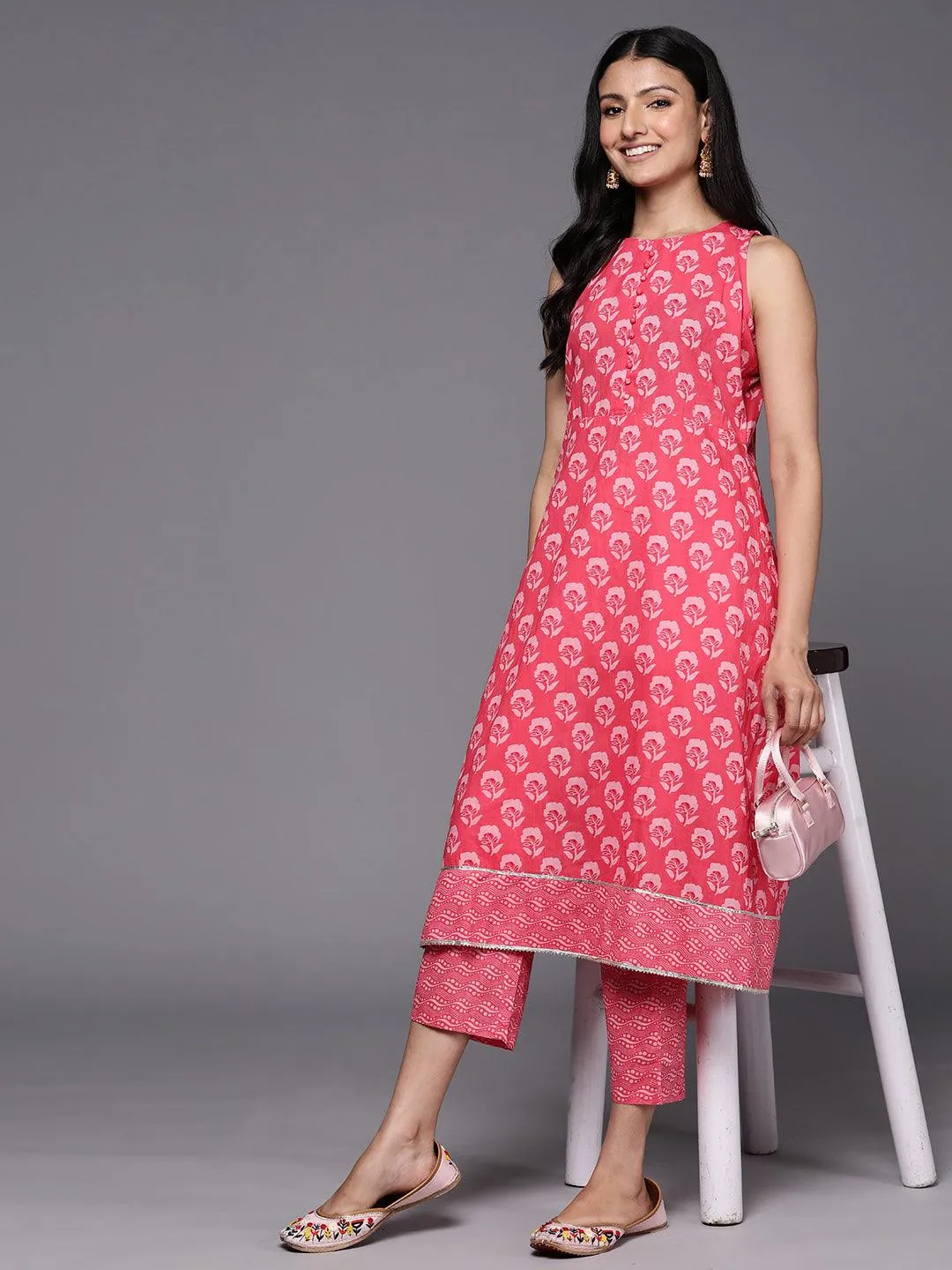 Coral Printed Cotton A-Line Kurta With Trousers