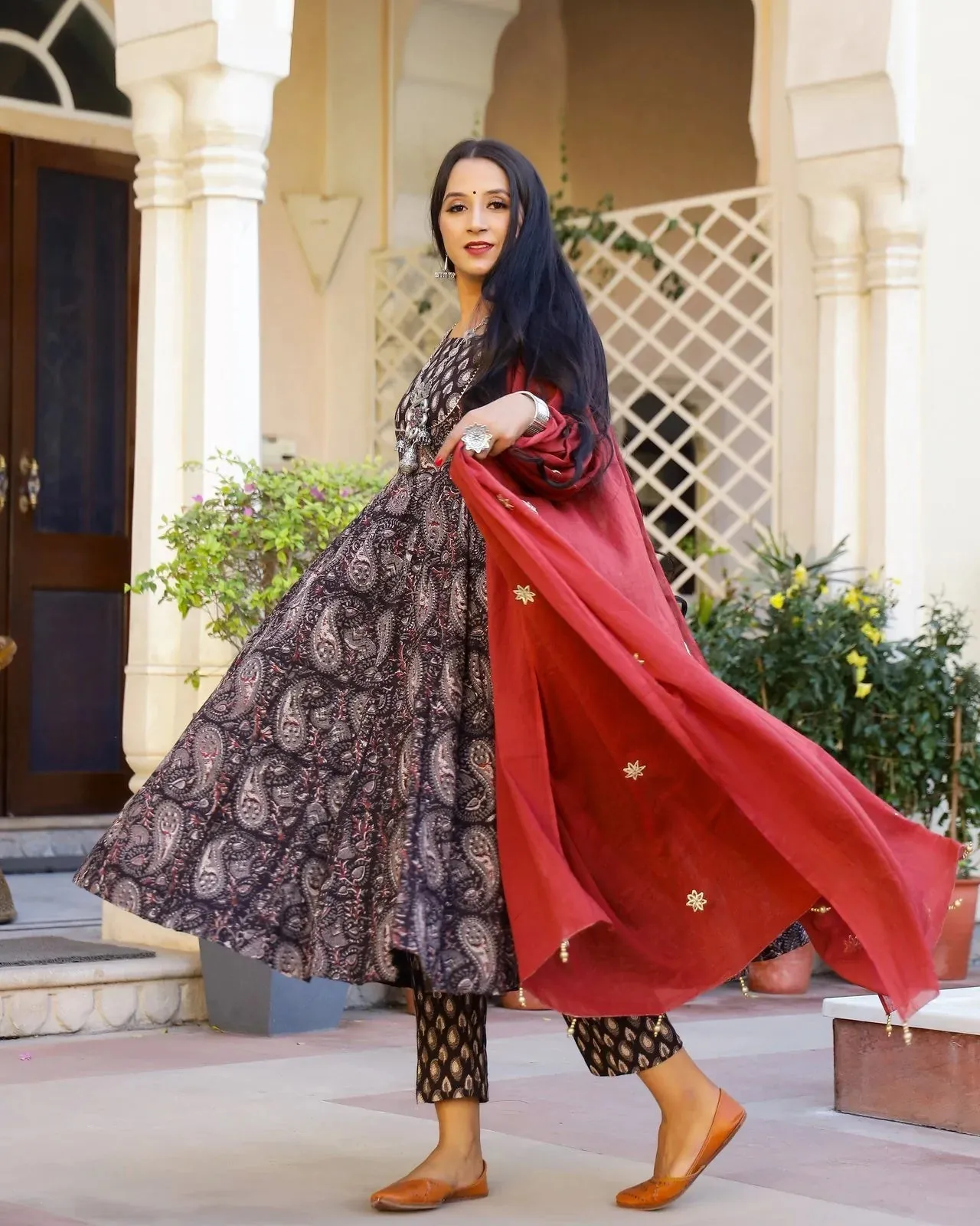 Cotton Brown Bagru Print Anarkali Suit Set with Red Mulmul Dupatta