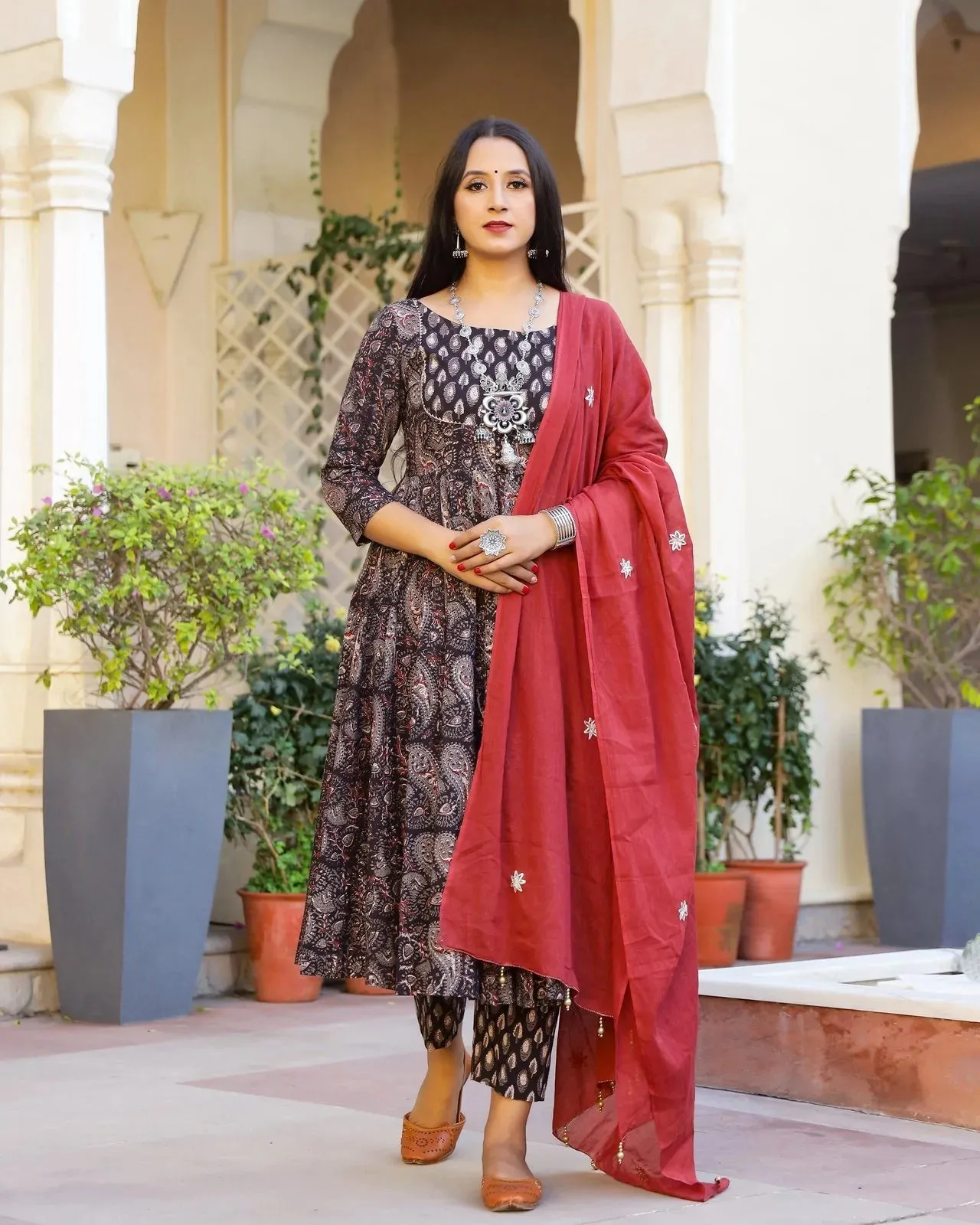 Cotton Brown Bagru Print Anarkali Suit Set with Red Mulmul Dupatta