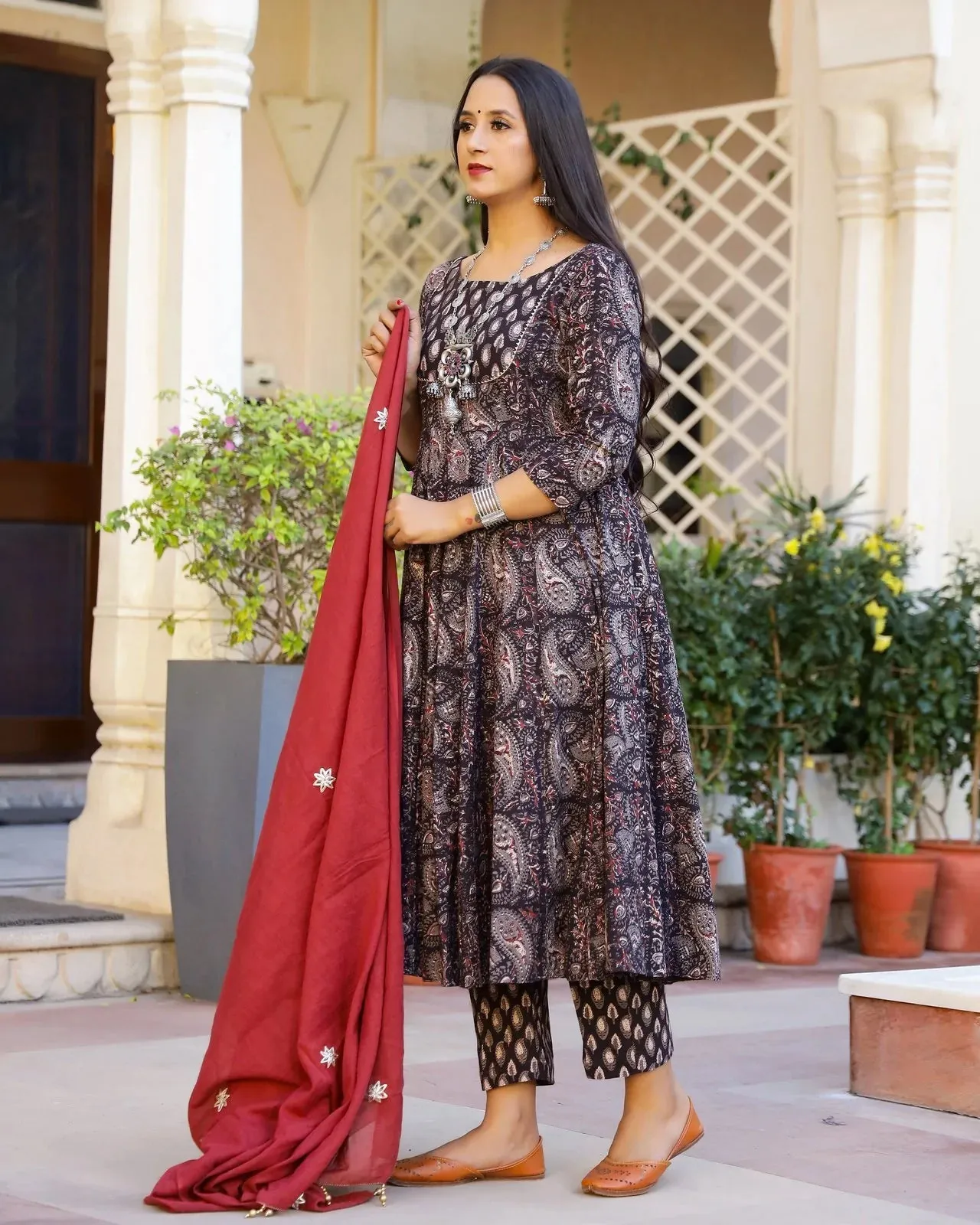 Cotton Brown Bagru Print Anarkali Suit Set with Red Mulmul Dupatta