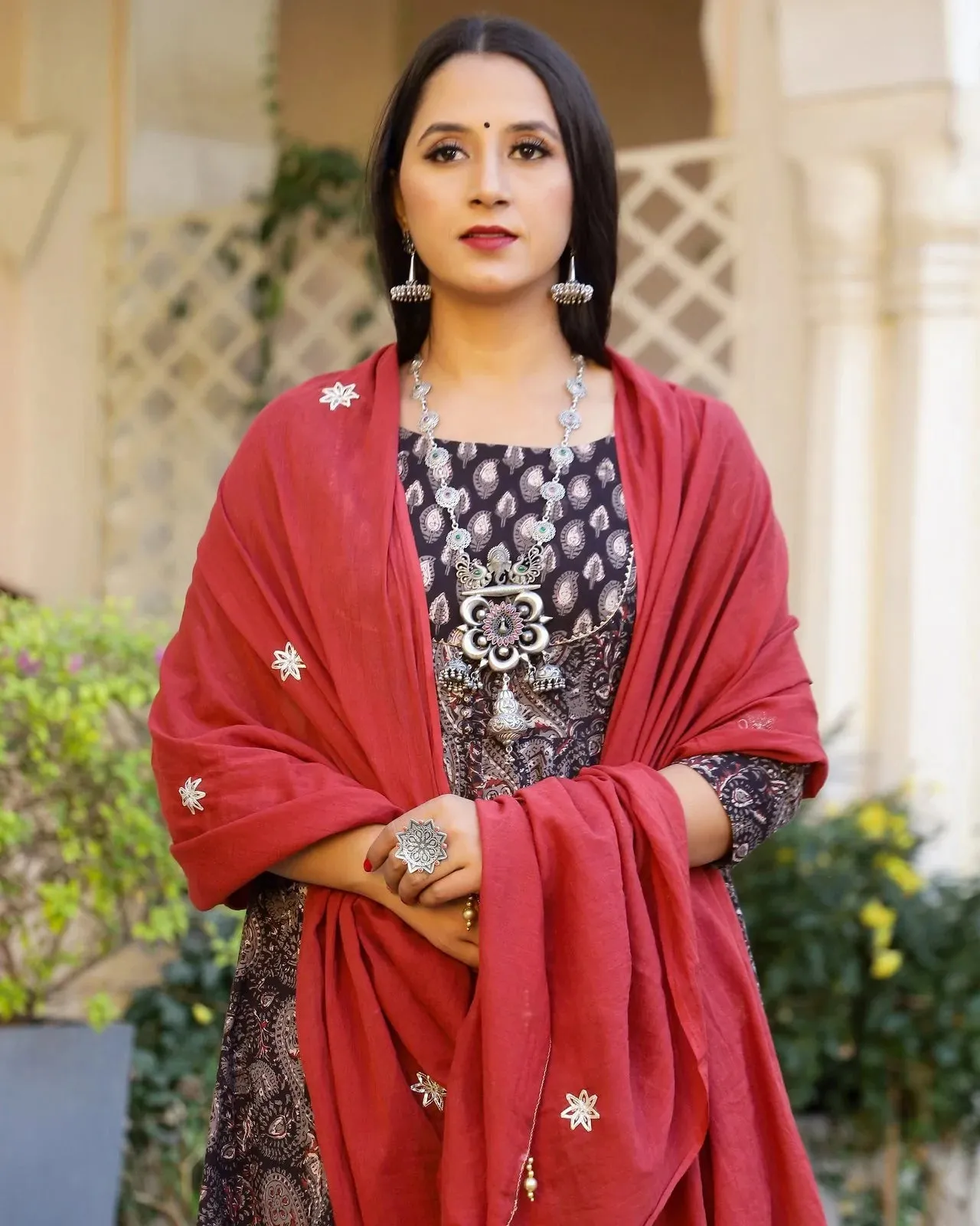 Cotton Brown Bagru Print Anarkali Suit Set with Red Mulmul Dupatta