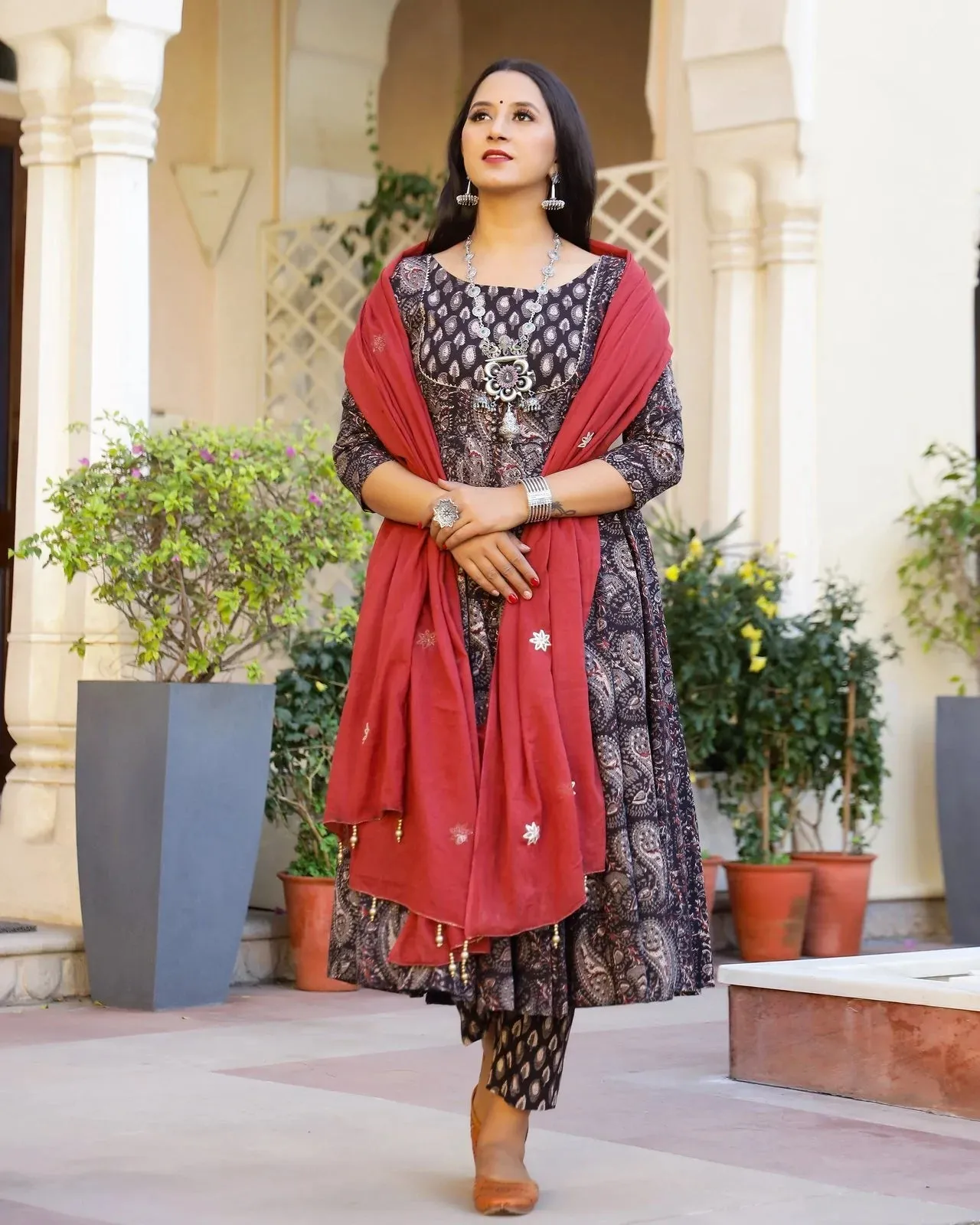 Cotton Brown Bagru Print Anarkali Suit Set with Red Mulmul Dupatta