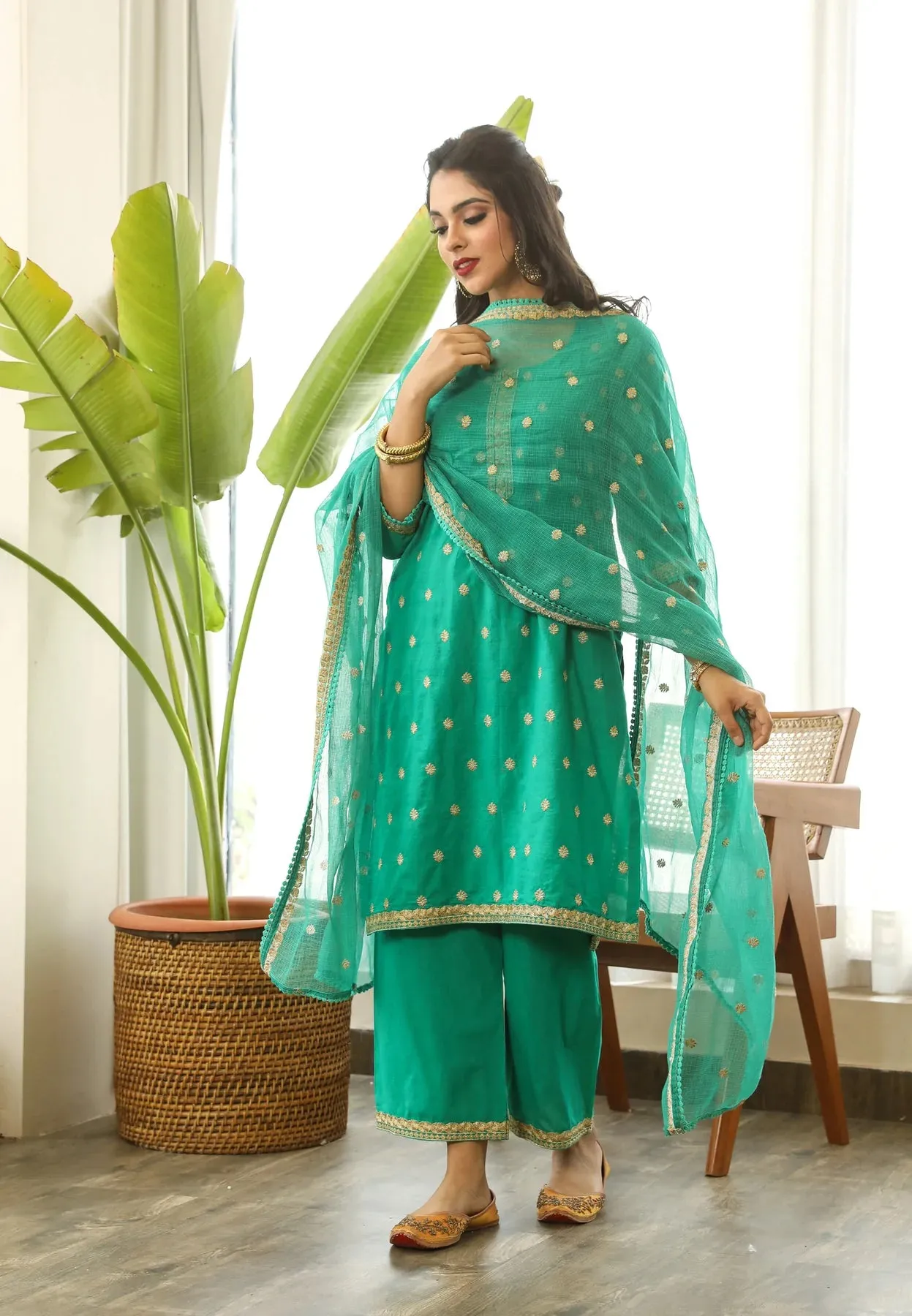 Cotton Green Floral Embroidered Suit Set with Dupatta