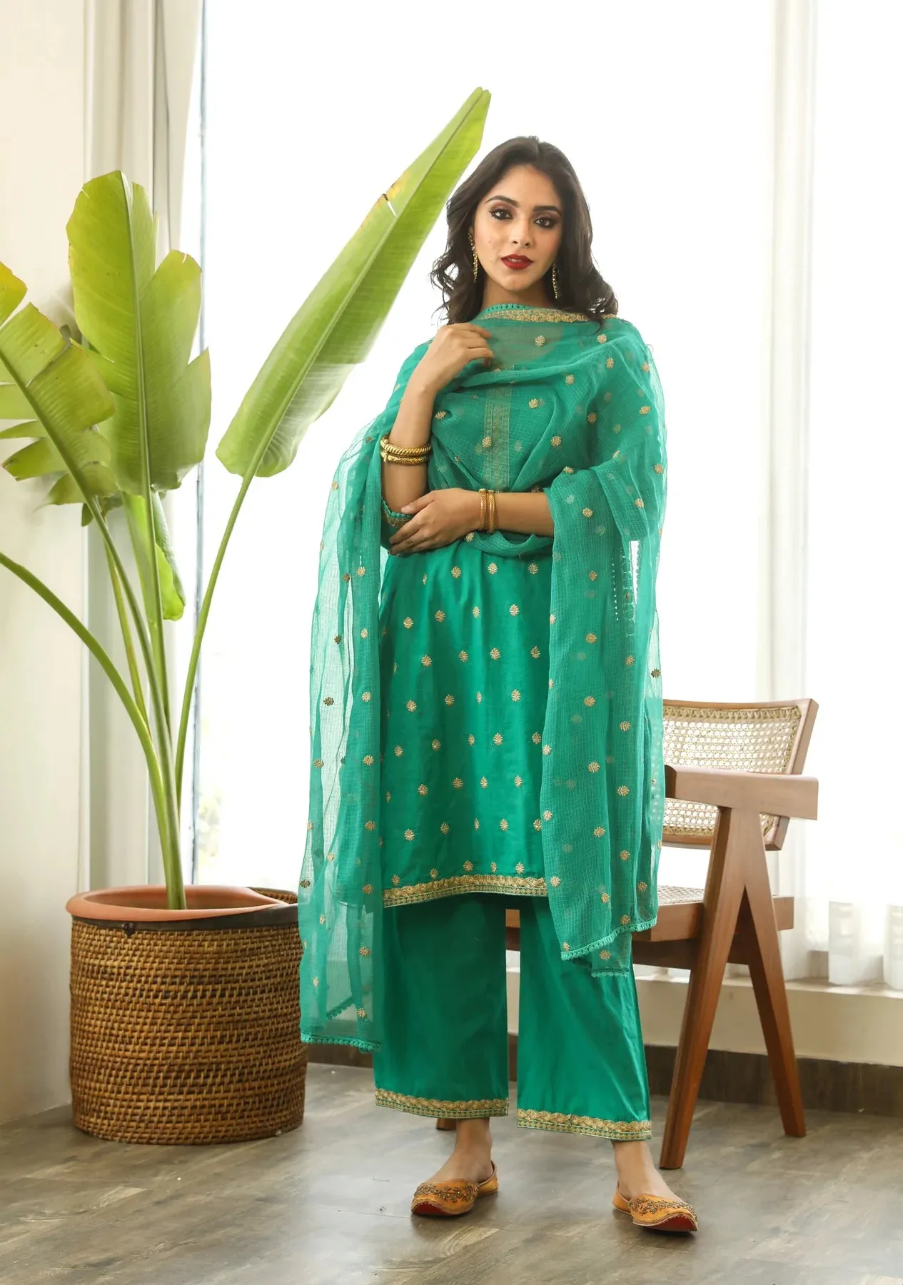 Cotton Green Floral Embroidered Suit Set with Dupatta