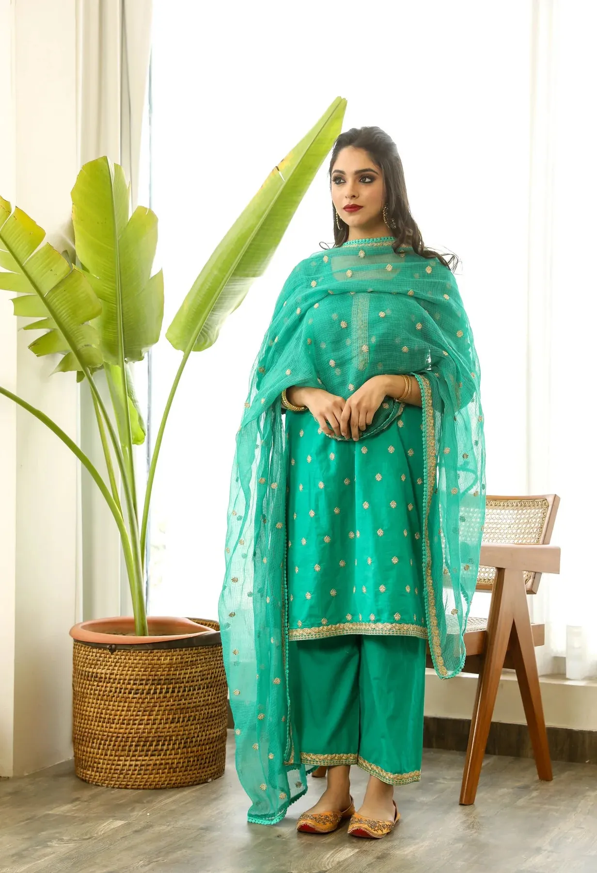 Cotton Green Floral Embroidered Suit Set with Dupatta