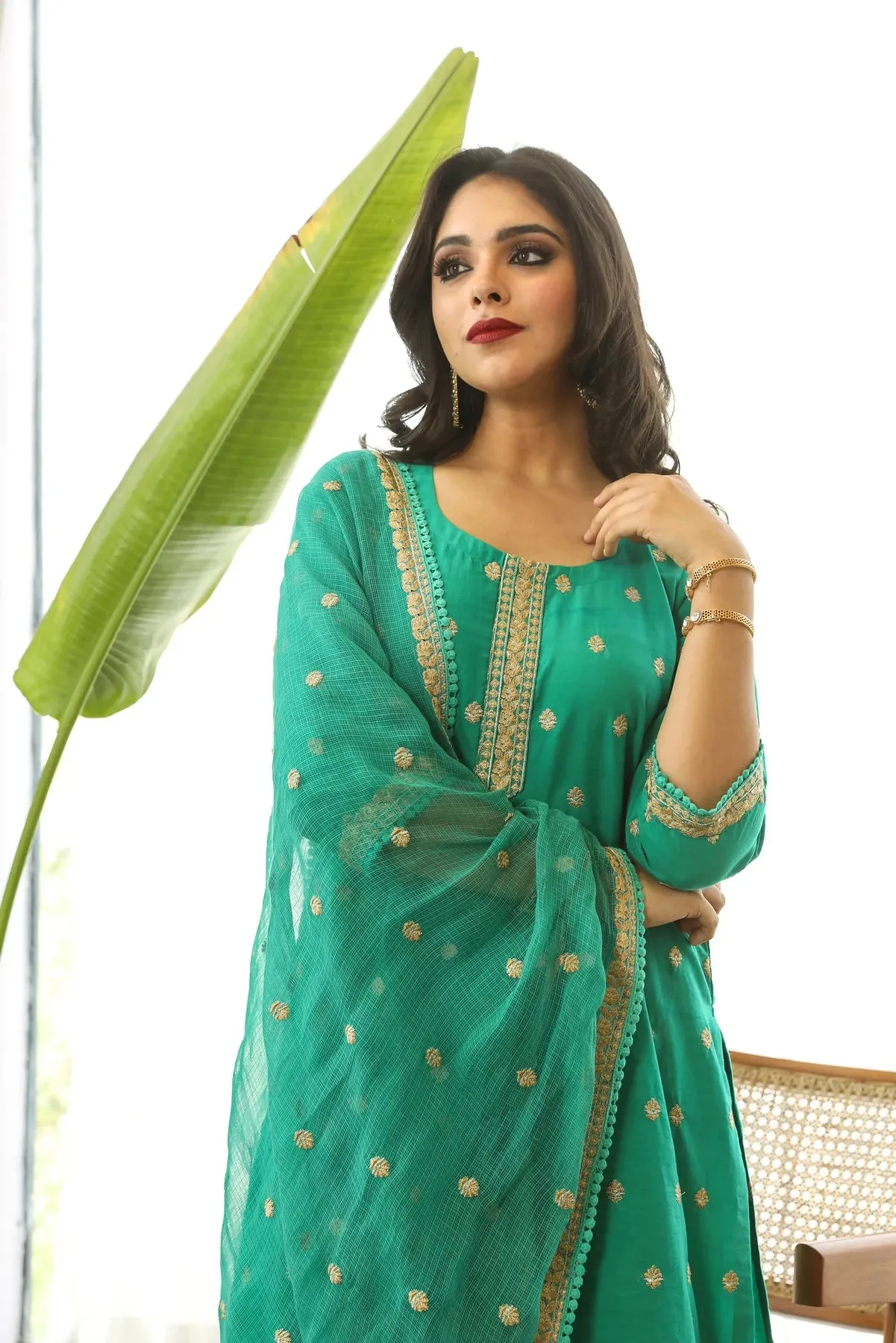 Cotton Green Floral Embroidered Suit Set with Dupatta