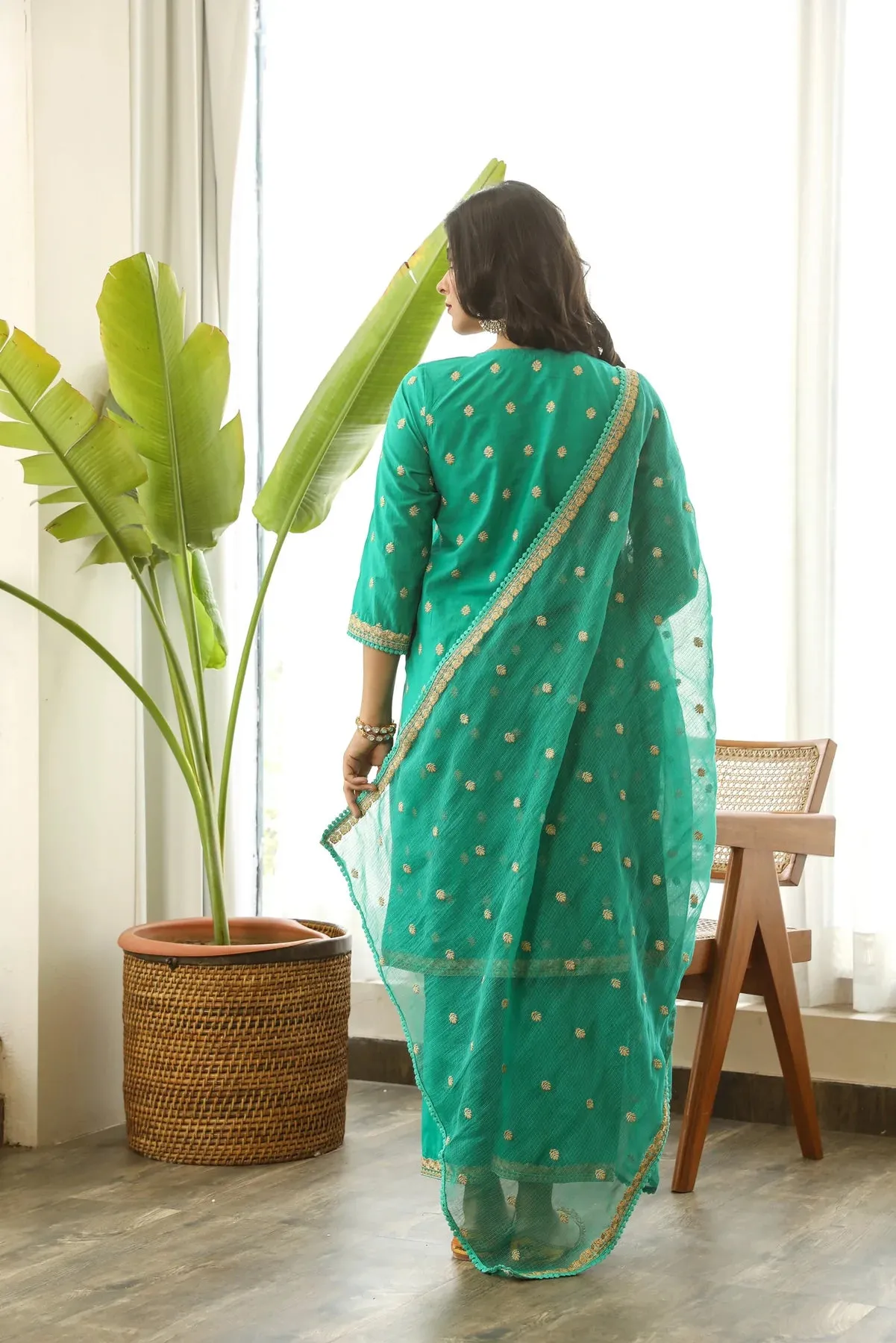 Cotton Green Floral Embroidered Suit Set with Dupatta