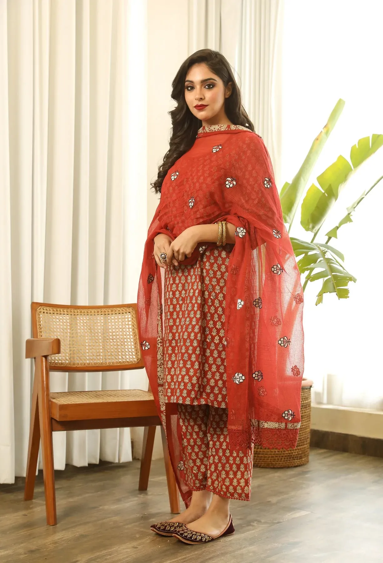 Cotton Red Block Print Suit Set with Cotton Doriya Dupatta with Motif Detailing