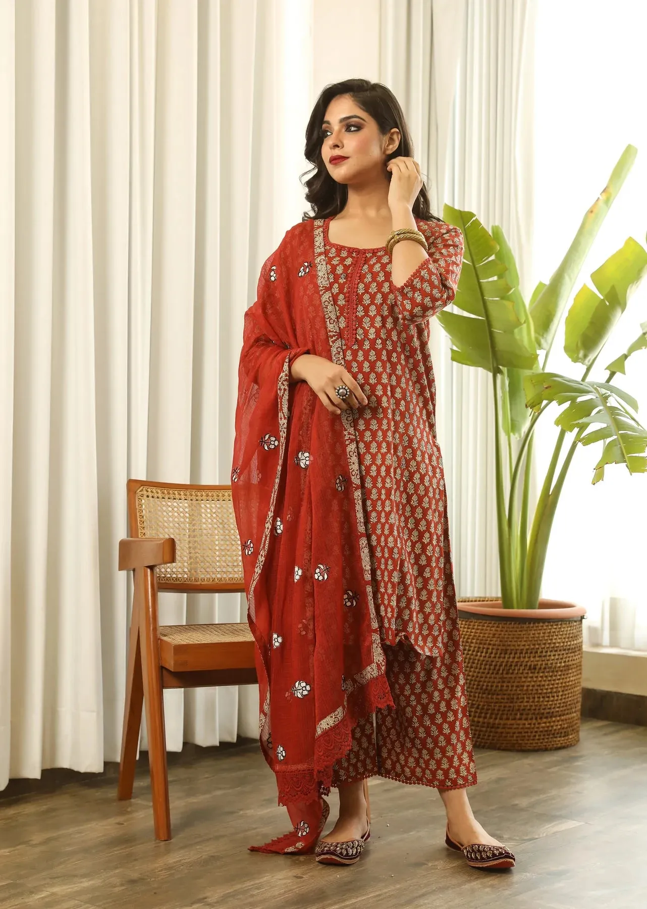 Cotton Red Block Print Suit Set with Cotton Doriya Dupatta with Motif Detailing