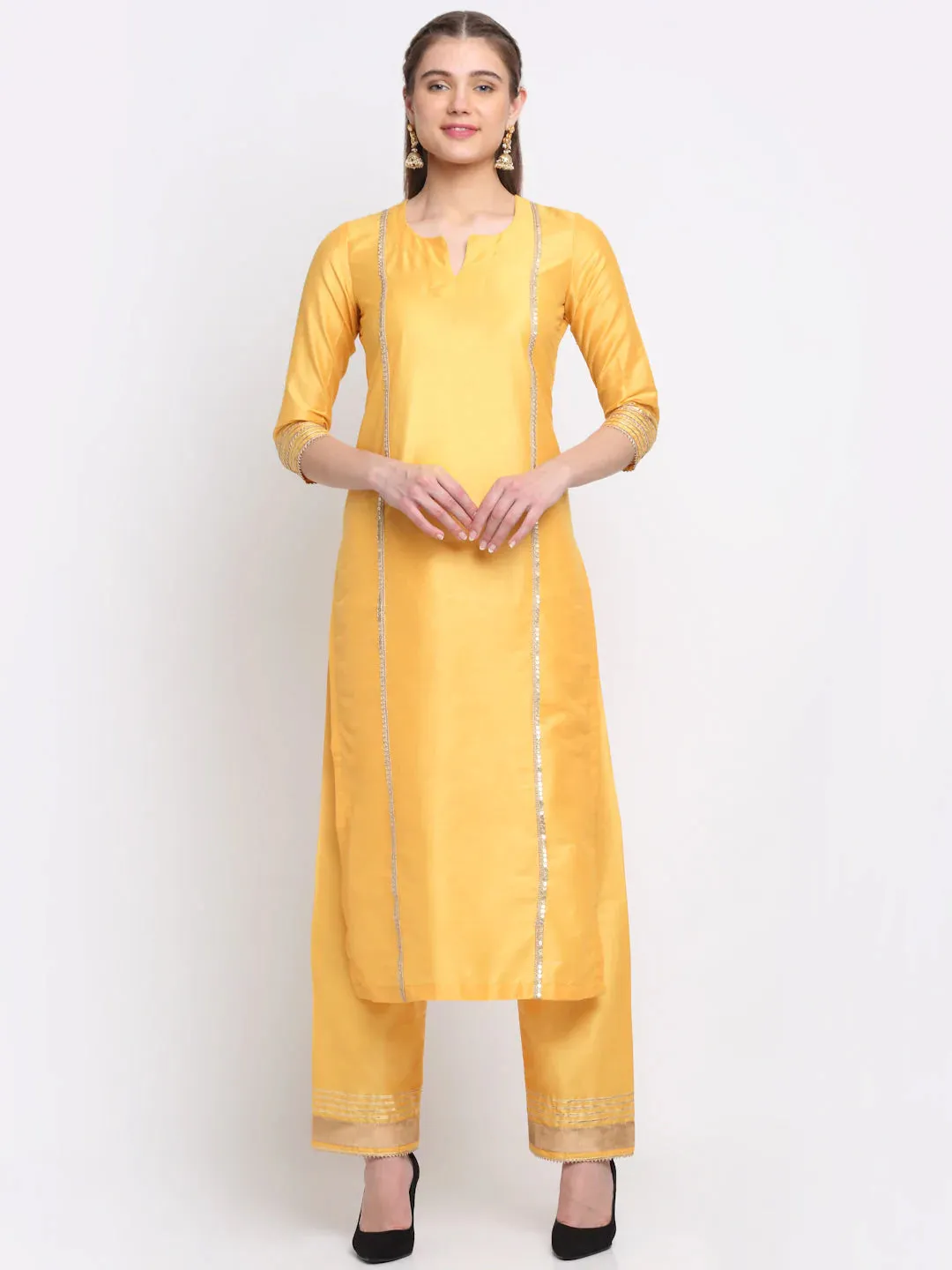 Cotton Silk Yellow Foil, Gota & Zari Detailing Kurta with Solid Cotton Silk Palazzo Pants