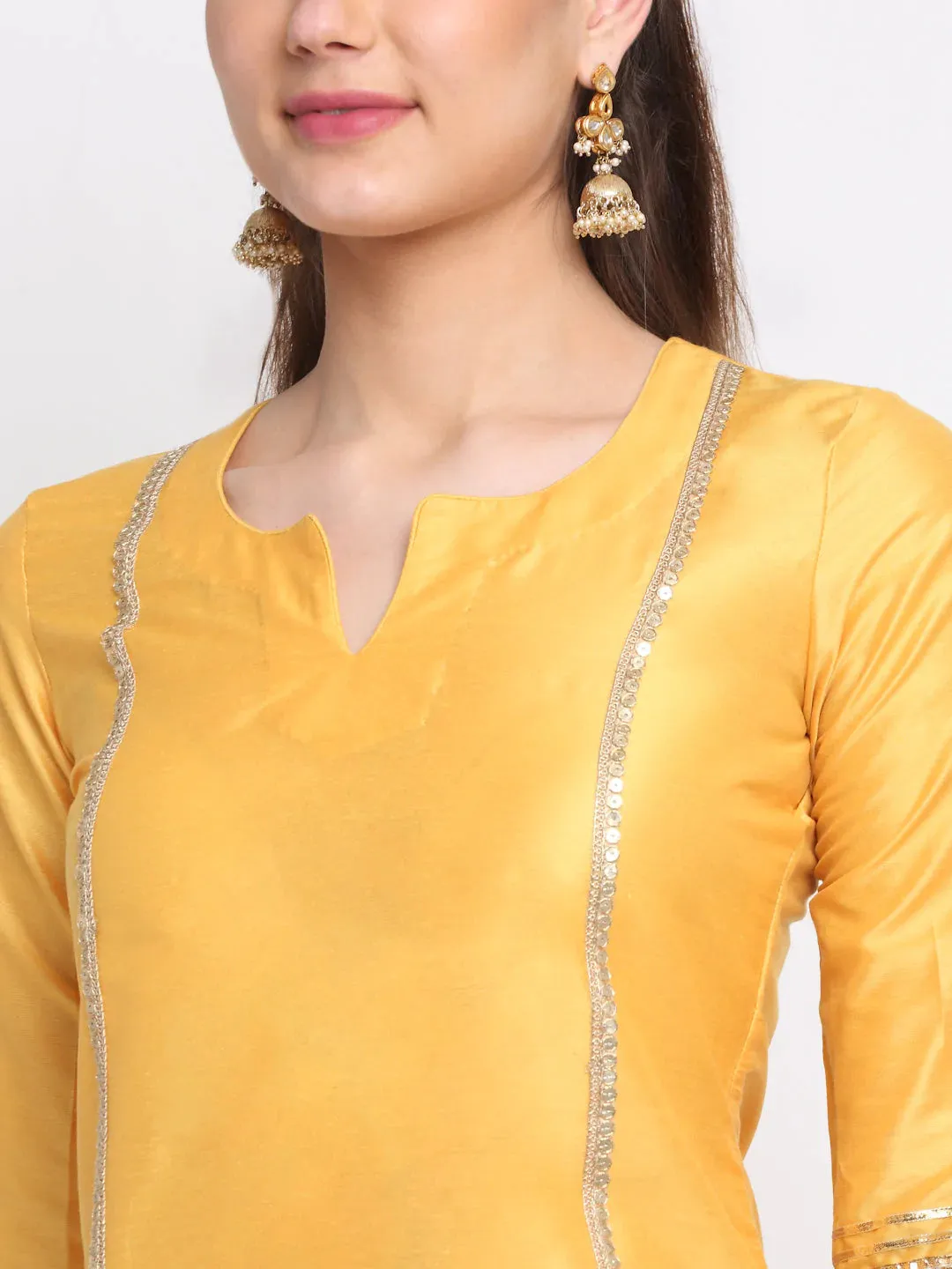 Cotton Silk Yellow Foil, Gota & Zari Detailing Kurta with Solid Cotton Silk Palazzo Pants