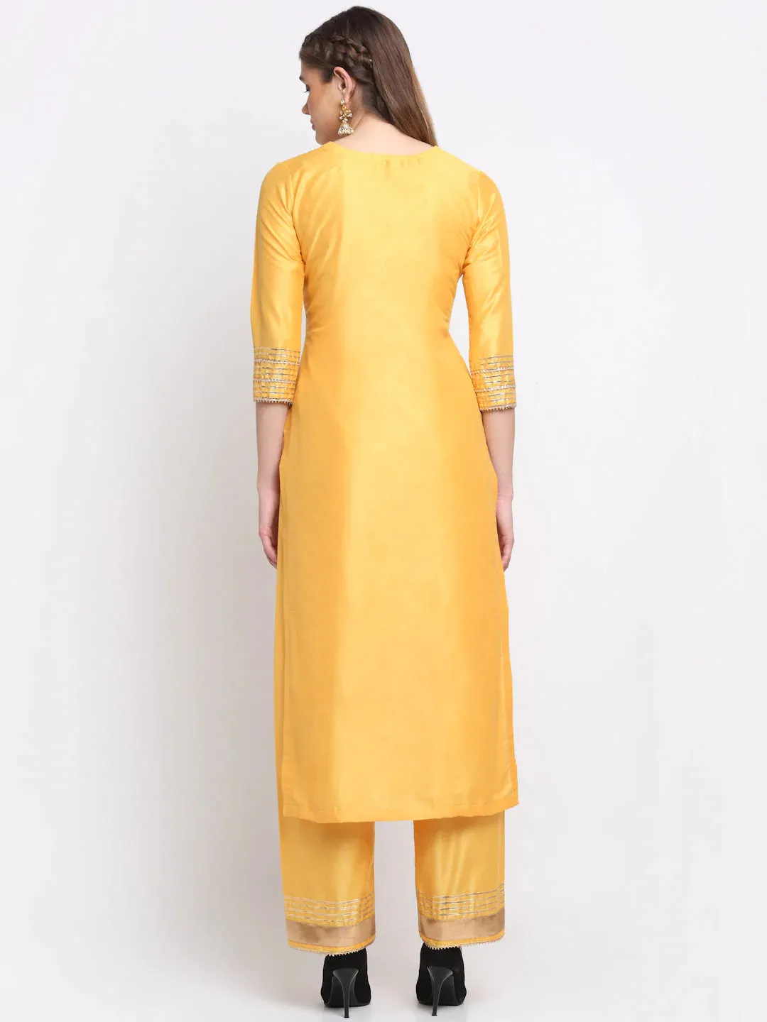 Cotton Silk Yellow Foil, Gota & Zari Detailing Kurta with Solid Cotton Silk Palazzo Pants