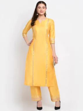 Cotton Silk Yellow Foil, Gota & Zari Detailing Kurta with Solid Cotton Silk Palazzo Pants