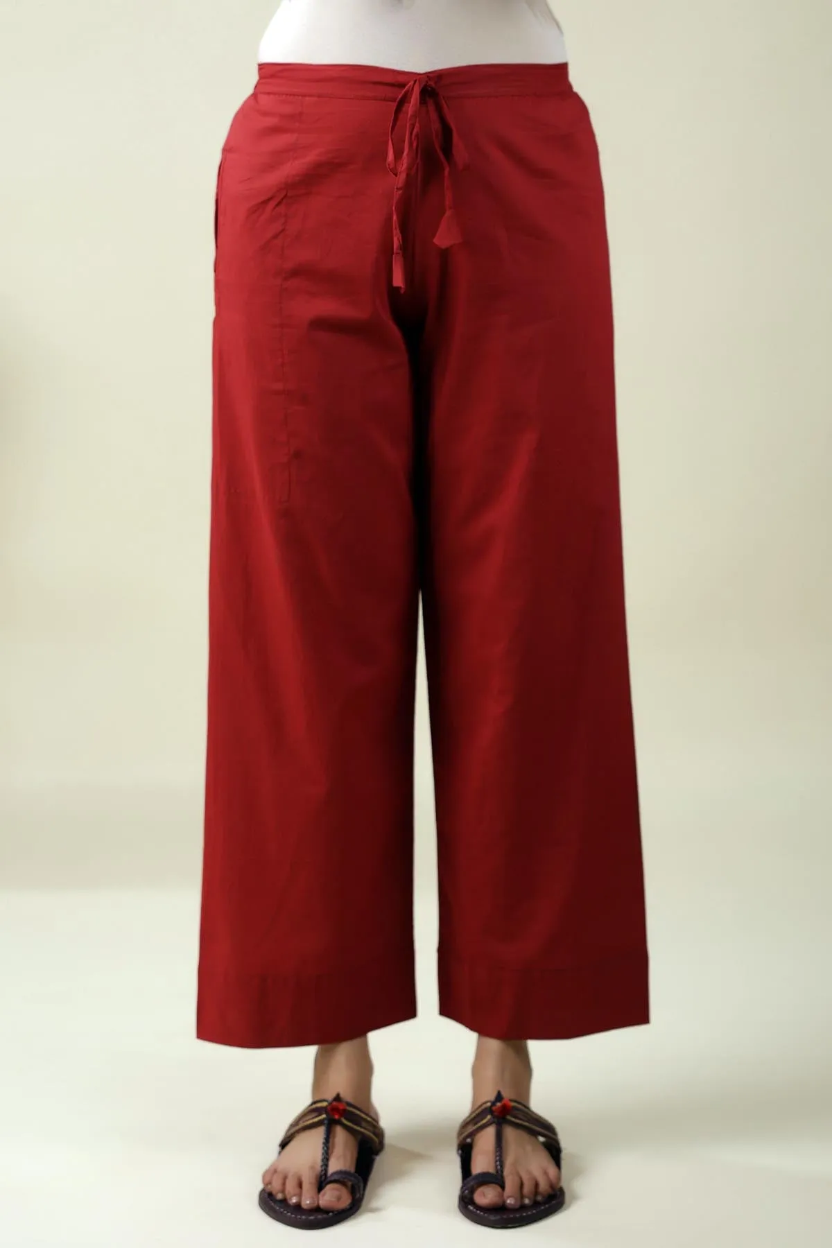 Cotton Straight Pants with elasticated waist in Maroon color