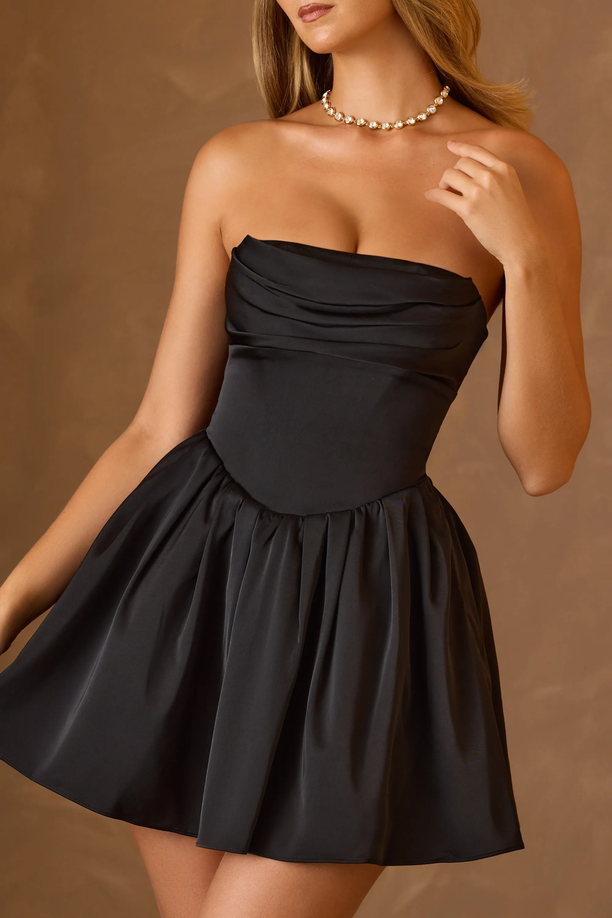 Cowl-Neck Corset Mini Dress in Black