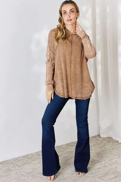 Cozy Cabin Oversized Washed Waffle Long Sleeve Top