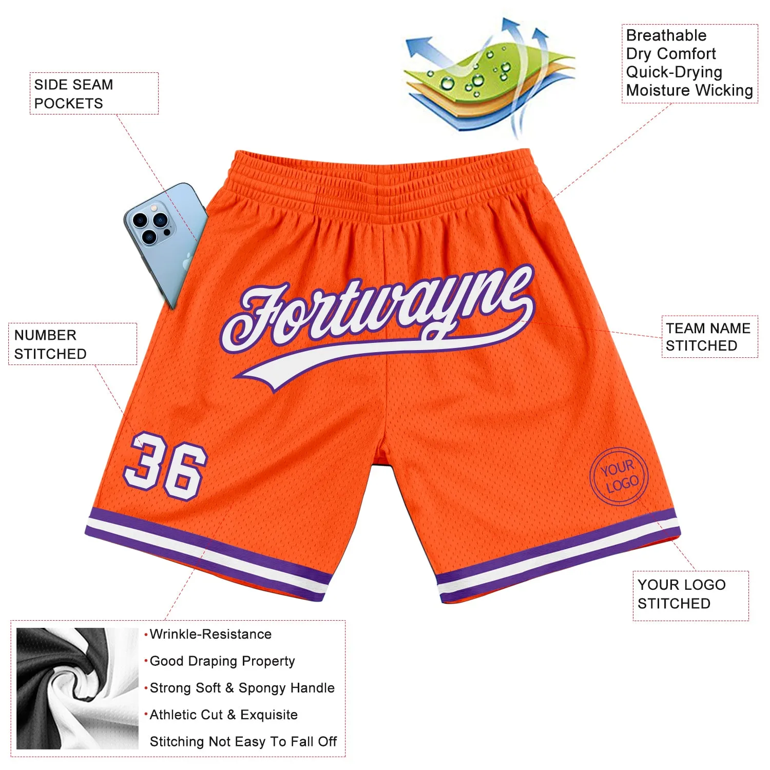 Custom Orange White-Purple Authentic Throwback Basketball Shorts