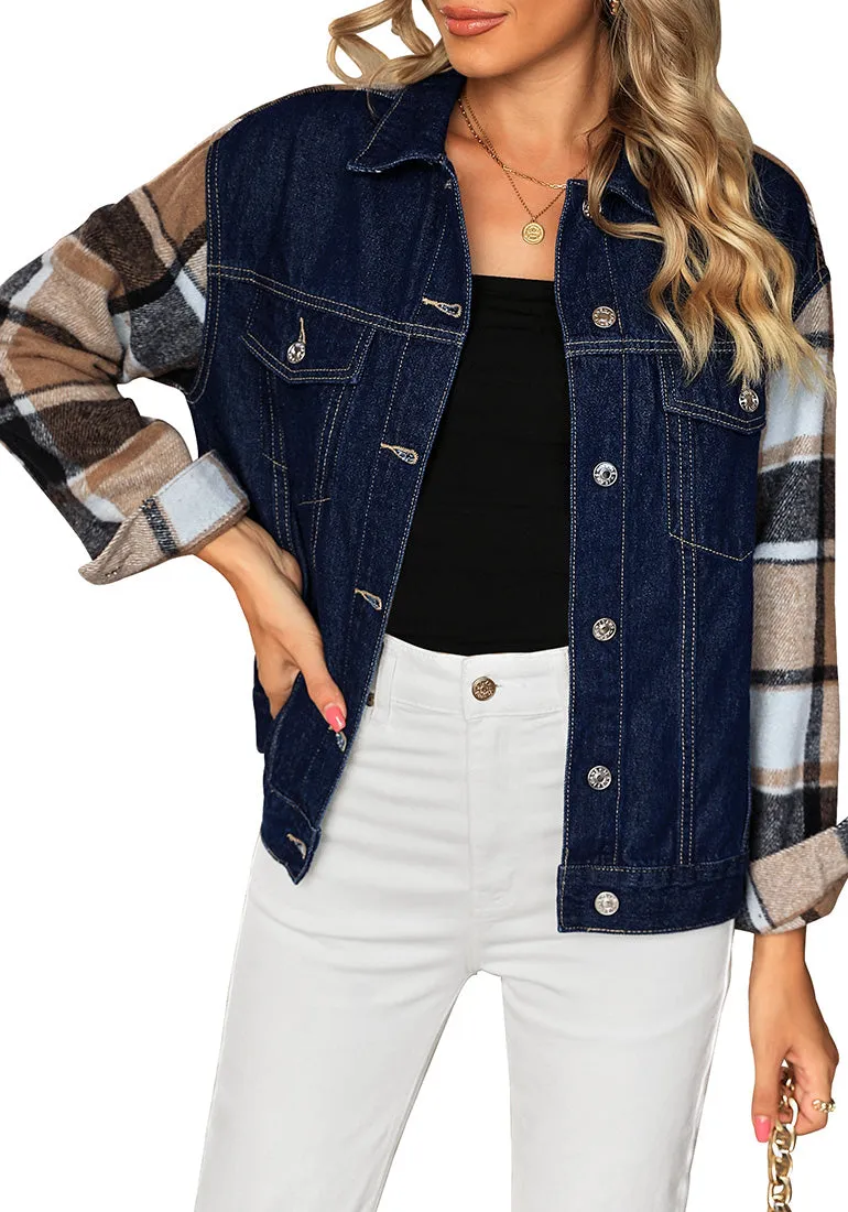 Dark Blue   Brown Plaid Women's Denim Oversized Plaid Shacket Jacket Vintage Shirt Jackets