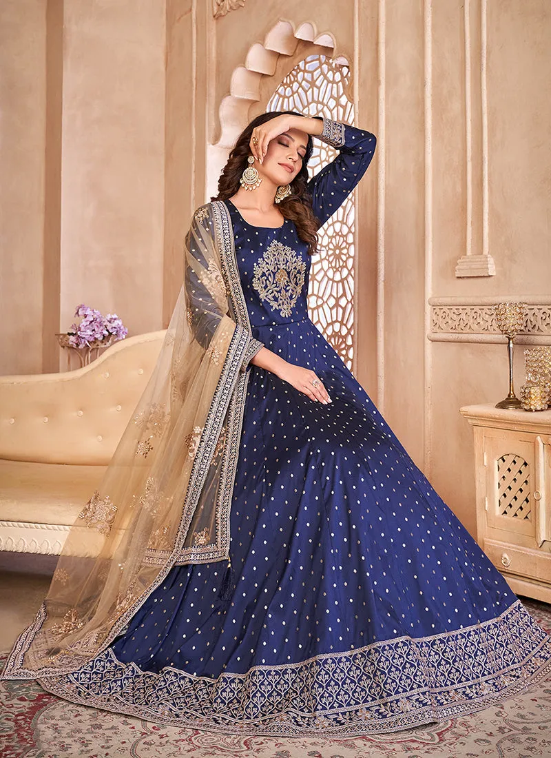 Dark Blue Handwork Embroidery Silk Anarkali Suit