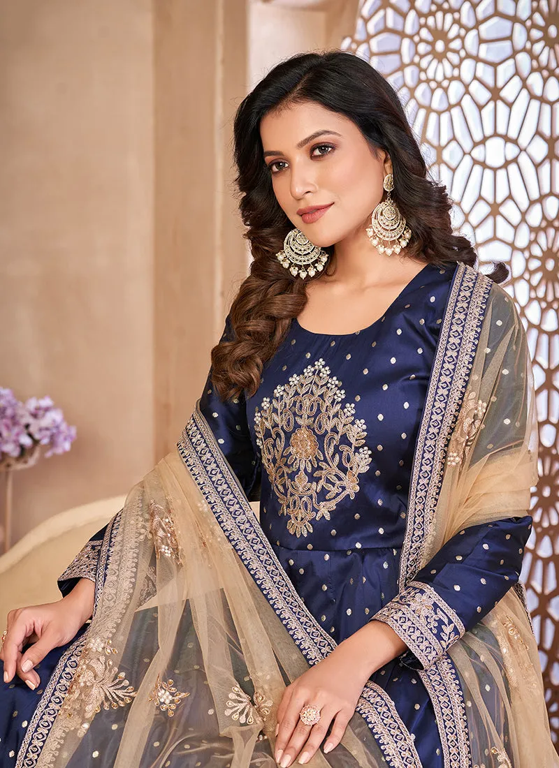 Dark Blue Handwork Embroidery Silk Anarkali Suit