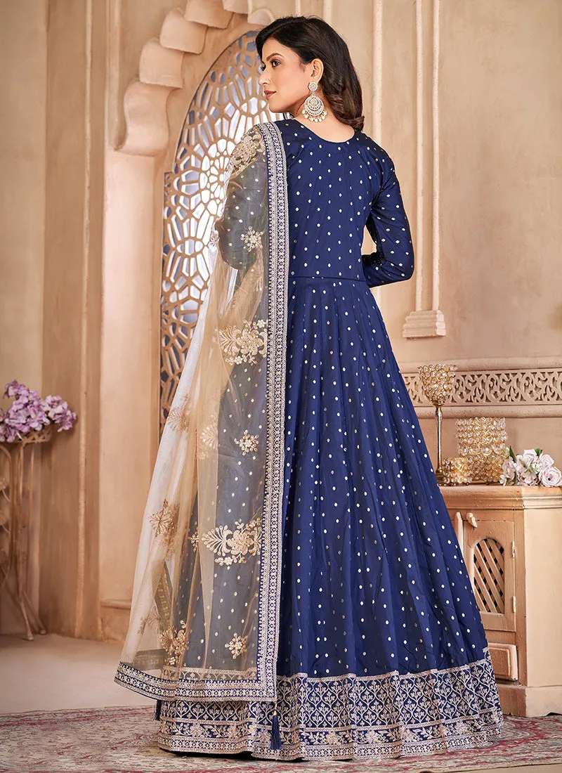 Dark Blue Handwork Embroidery Silk Anarkali Suit