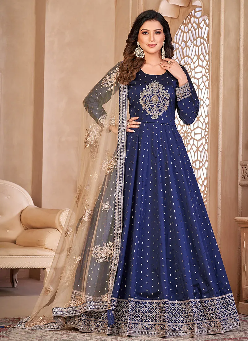 Dark Blue Handwork Embroidery Silk Anarkali Suit