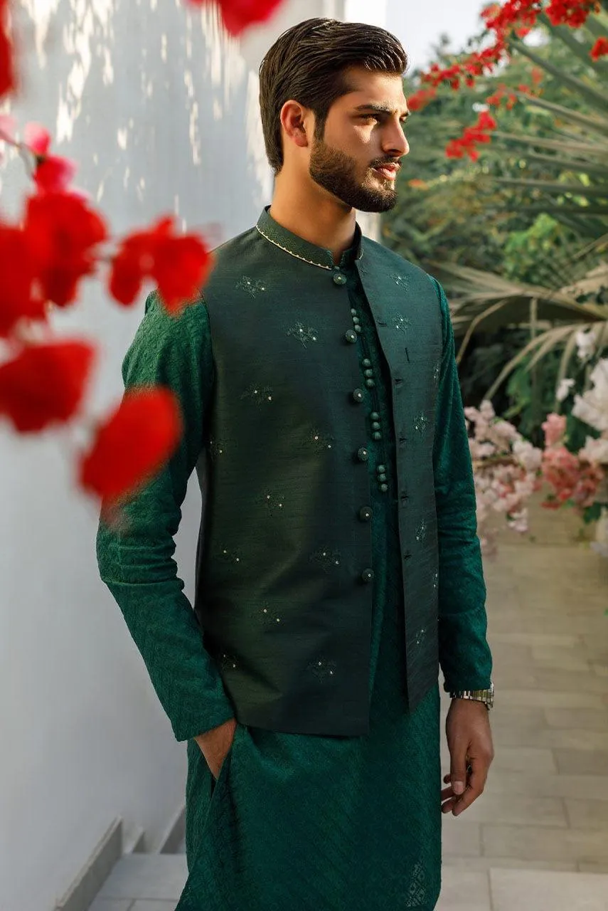 Deepak Perwani Men - Green Cotton Embroidered Kurta Pajama - MOF1885 - 2 Piece