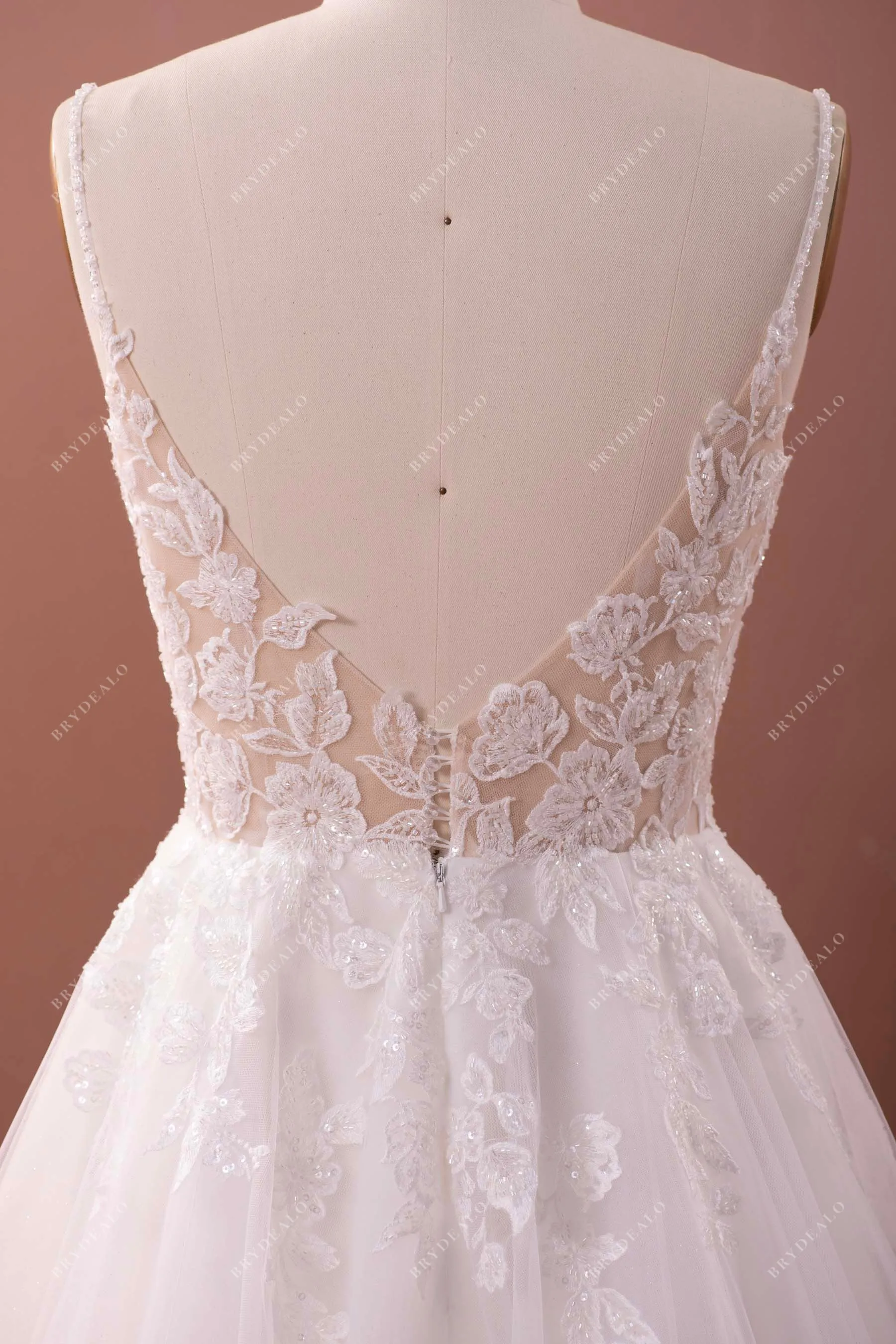 Designer Plunging Neck Lace Tulle Fairy A-line Wedding Dress