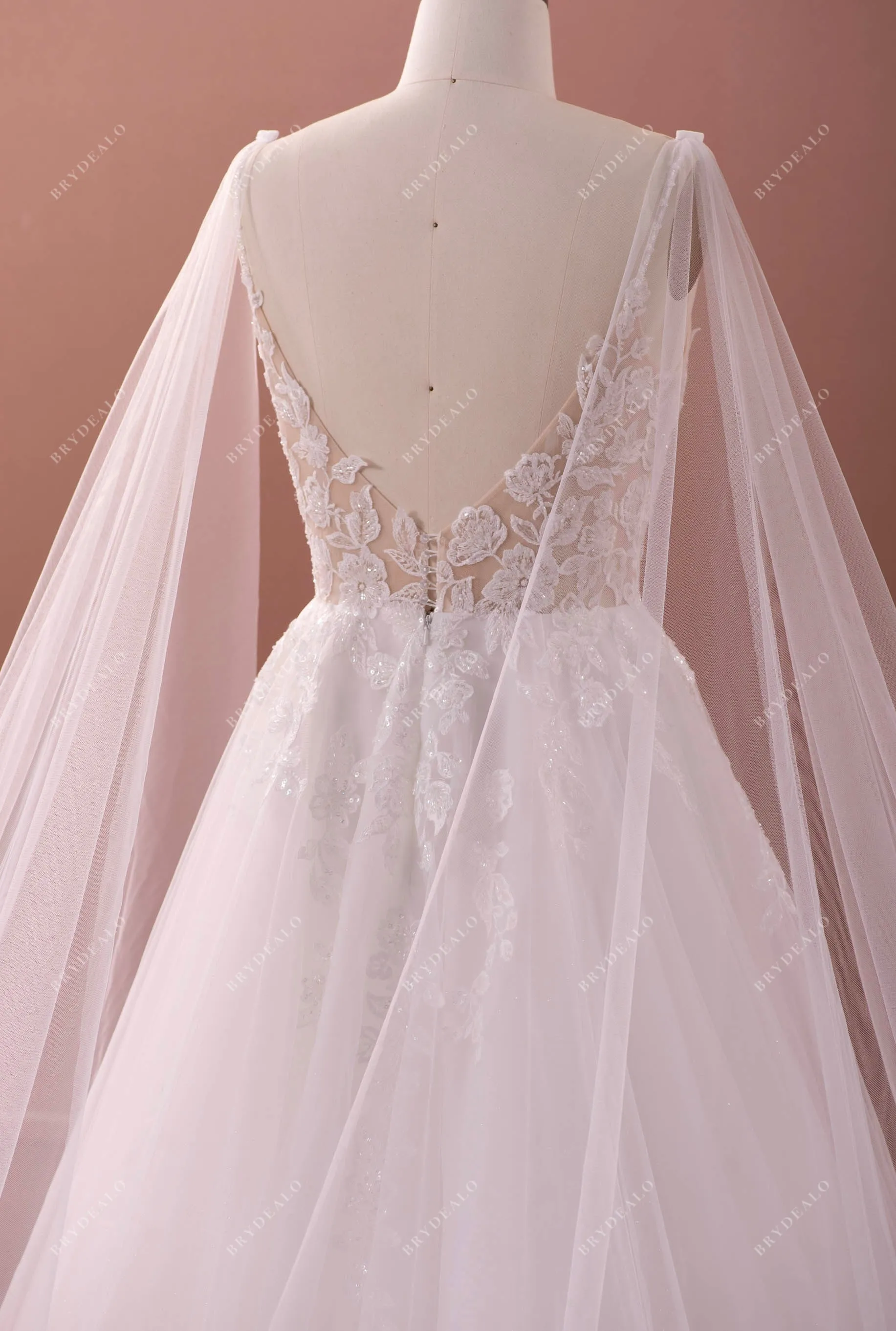 Designer Plunging Neck Lace Tulle Fairy A-line Wedding Dress