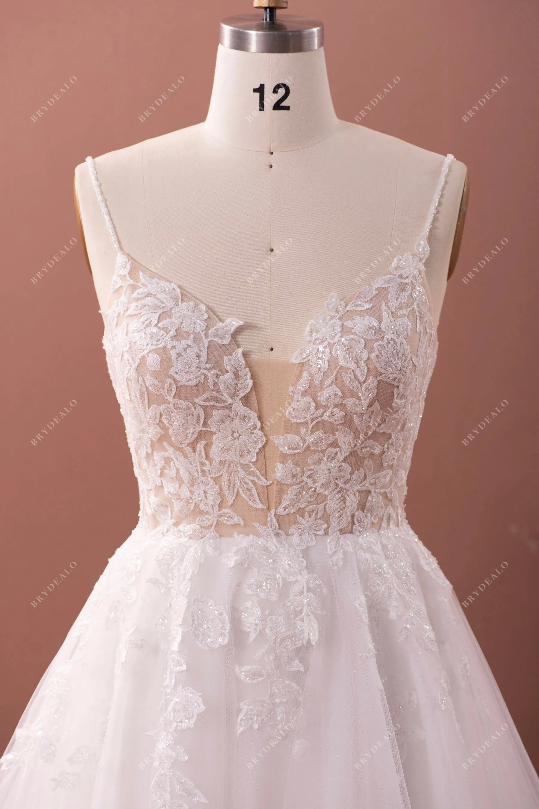 Designer Plunging Neck Lace Tulle Fairy A-line Wedding Dress