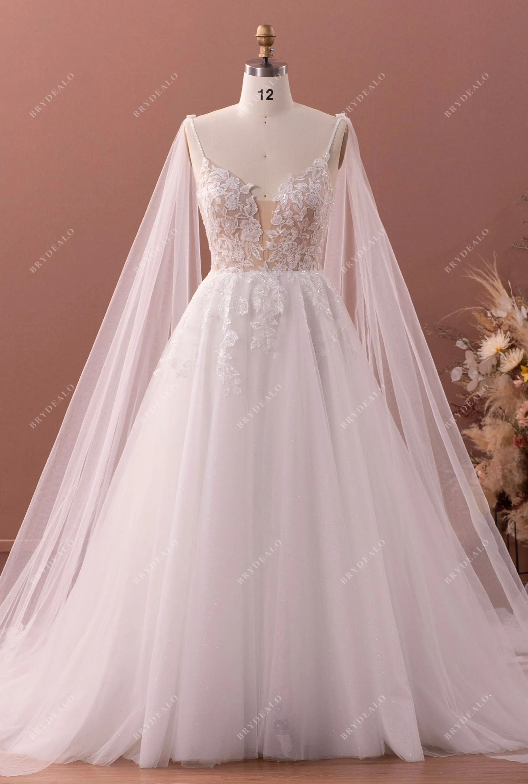 Designer Plunging Neck Lace Tulle Fairy A-line Wedding Dress