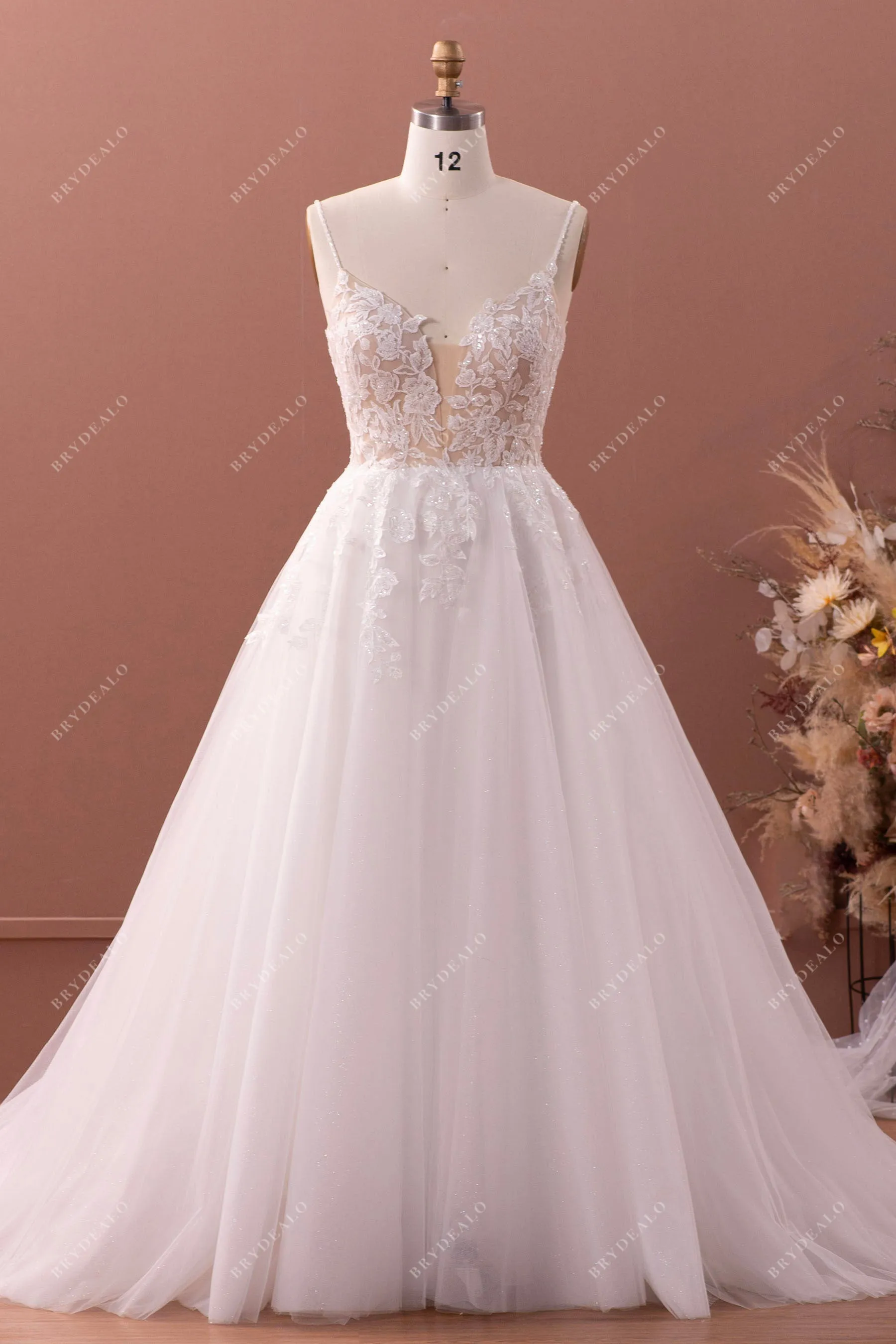 Designer Plunging Neck Lace Tulle Fairy A-line Wedding Dress