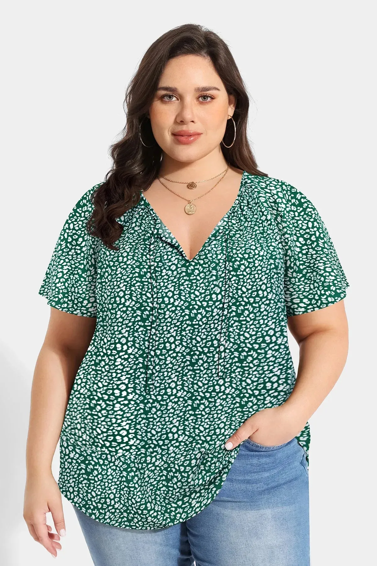 Ditsy Floral Drawstring V Neck Ruffle Sleeve T-Shirt