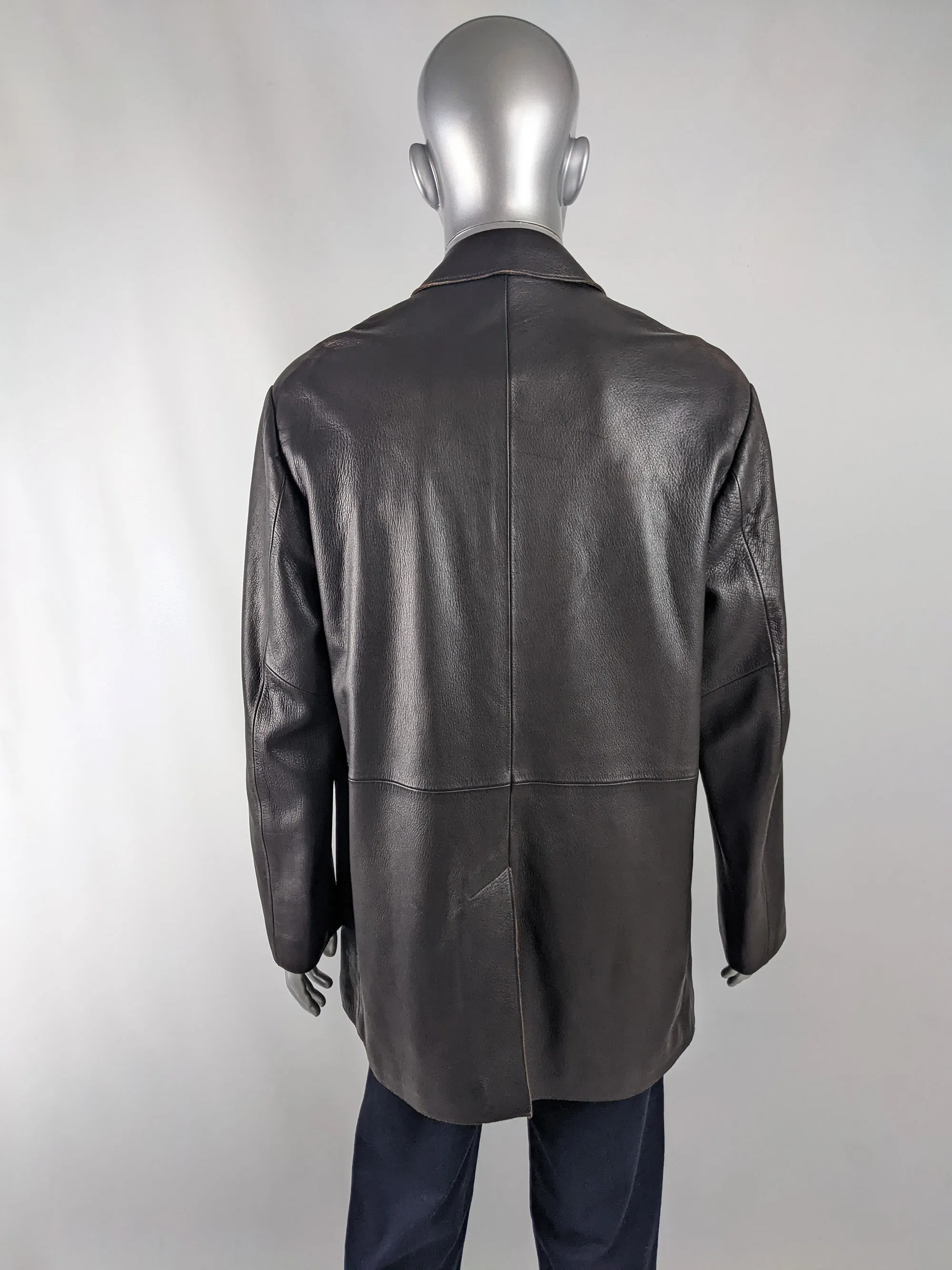 Donna Karan Vintage Mens Dark Brown Leather Coat, 1990s