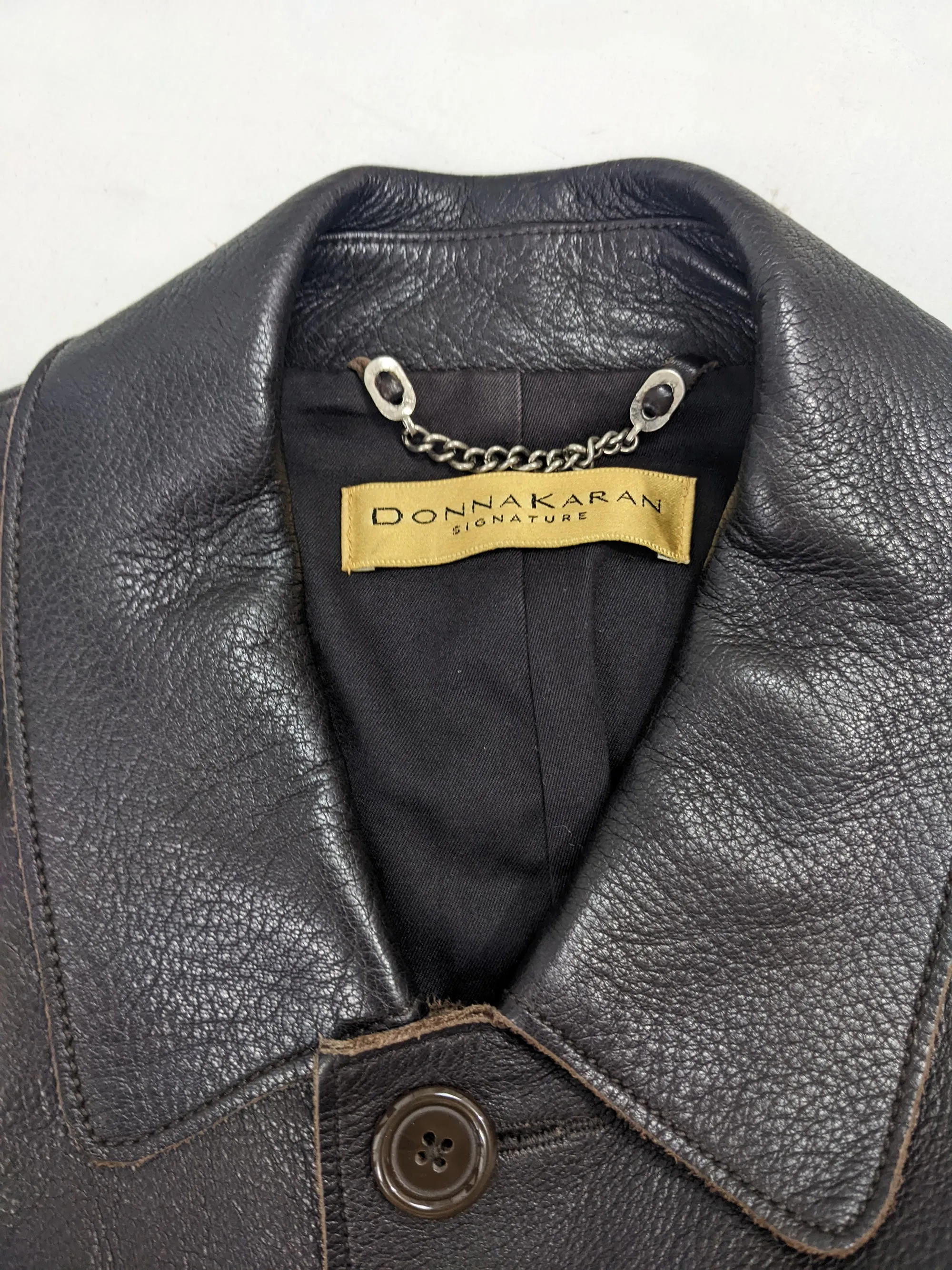 Donna Karan Vintage Mens Dark Brown Leather Coat, 1990s