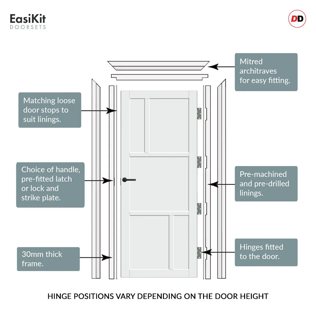 EasiKit Internal Door and Frame Kit - Aran 5 Panel Solid Wood Internal Door - Premium Primed - Colour Options