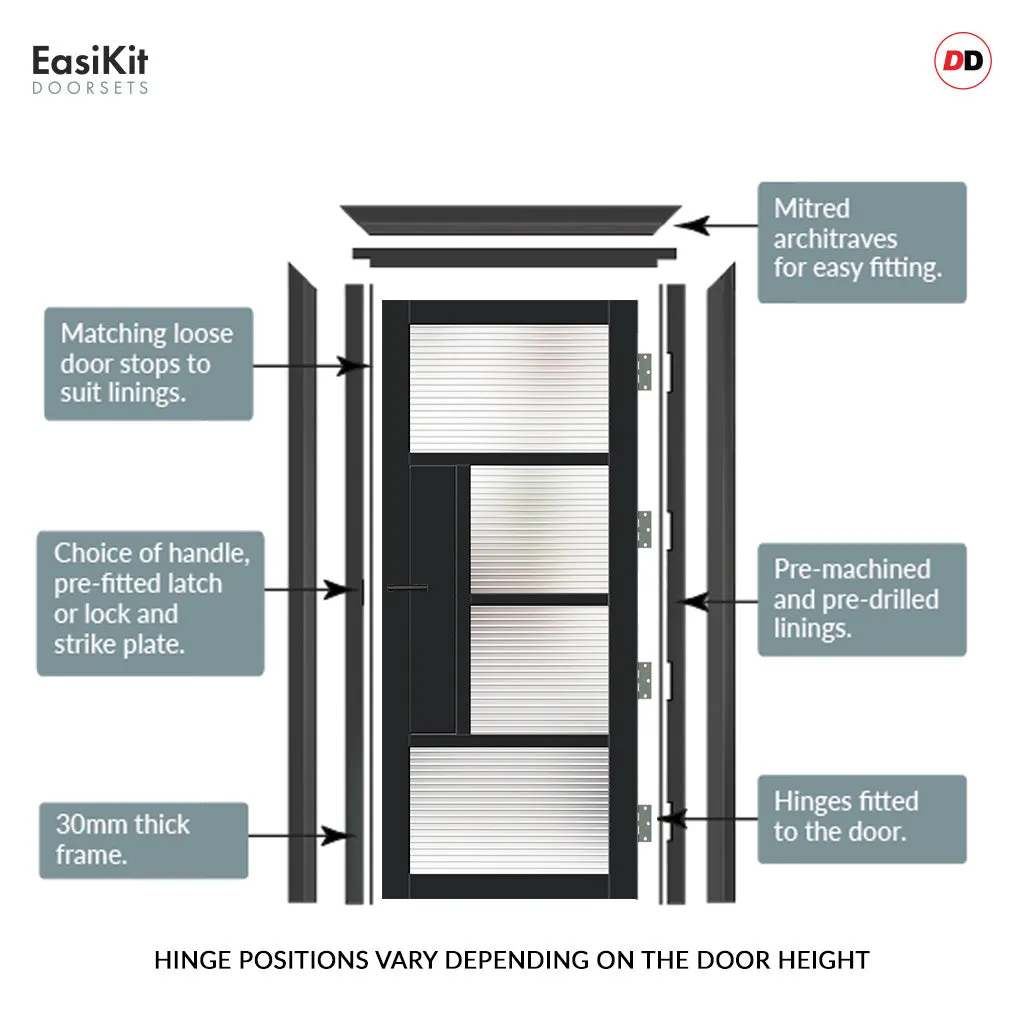 EasiKit Internal Door and Frame Kit - Boston 4 Pane Solid Wood Internal Door - Premium Primed - Colour & Glass Options