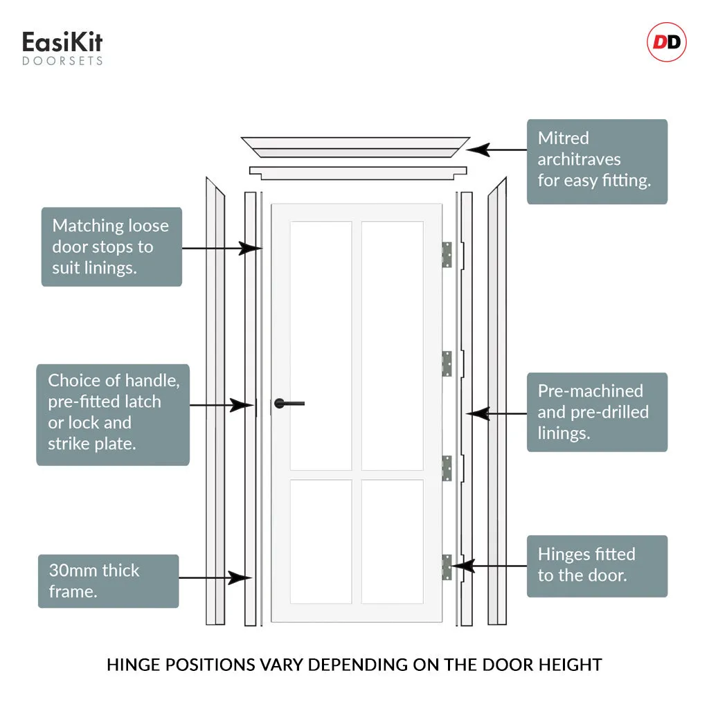 EasiKit Internal Door and Frame Kit - Bronx 4 Pane Solid Wood Internal Door - Premium Primed - Colour & Glass Options