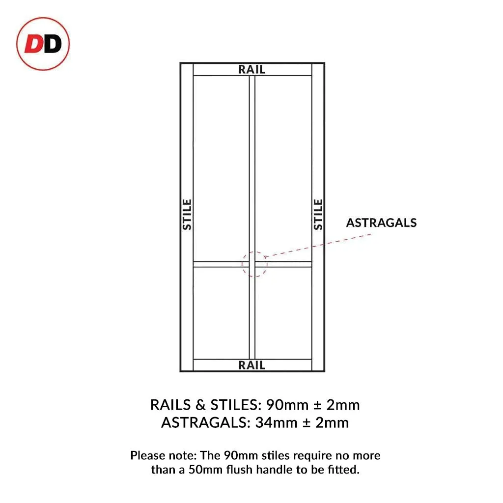 EasiKit Internal Door and Frame Kit - Bronx 4 Pane Solid Wood Internal Door - Premium Primed - Colour & Glass Options