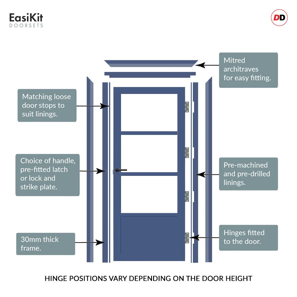 EasiKit Internal Door and Frame Kit - Staten 3 Pane 1 Panel Solid Wood Internal Door - Premium Primed - Colour & Glass Options