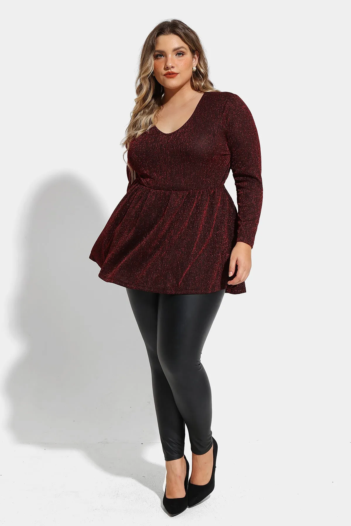 Elastic Waist Flowy Pleated Tunic Long Sleeve Shirt