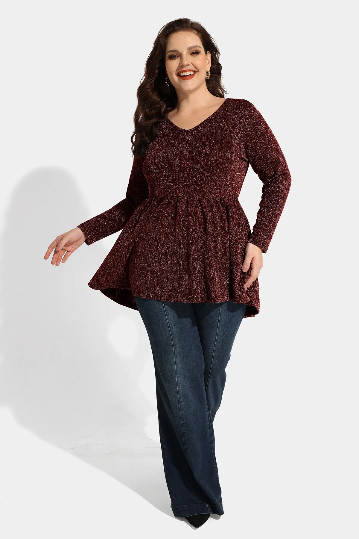 Elastic Waist Flowy Pleated Tunic Long Sleeve Shirt