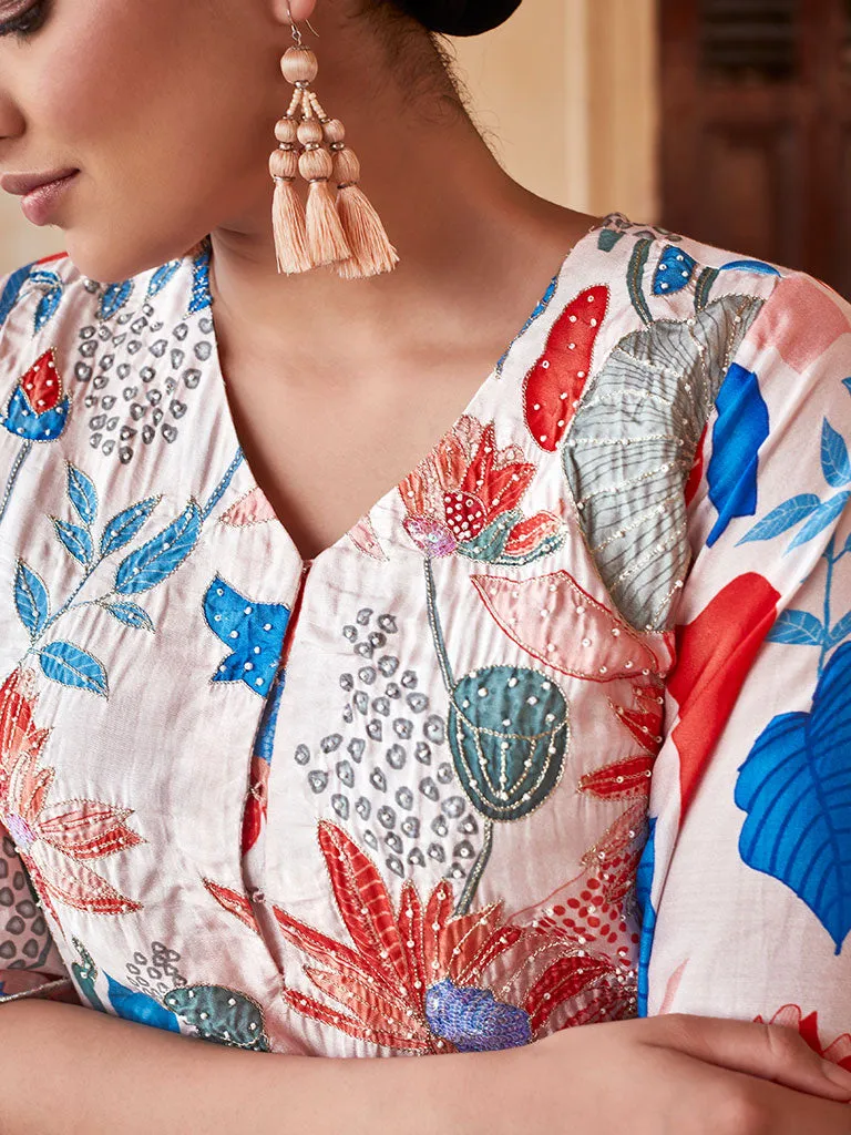 Embellished Peach Kurta With Muslin Printed Trousers