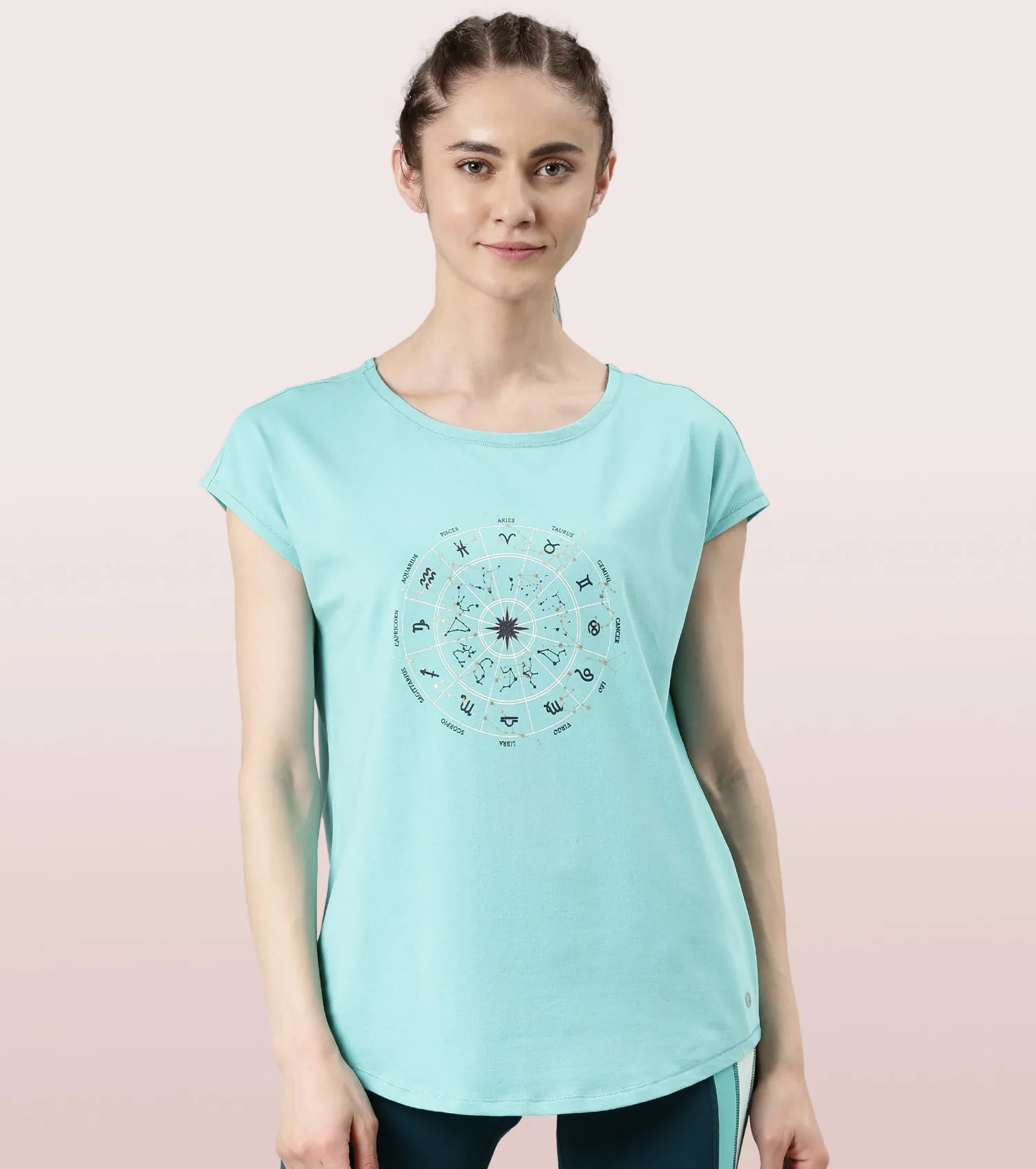 Enamor Meditate Anti-Odour Stretch Cotton Tee For Women | Graphic Printed Tee With Dolman Sleeve & Boat Neck Design | Candy Red Universe Graphic