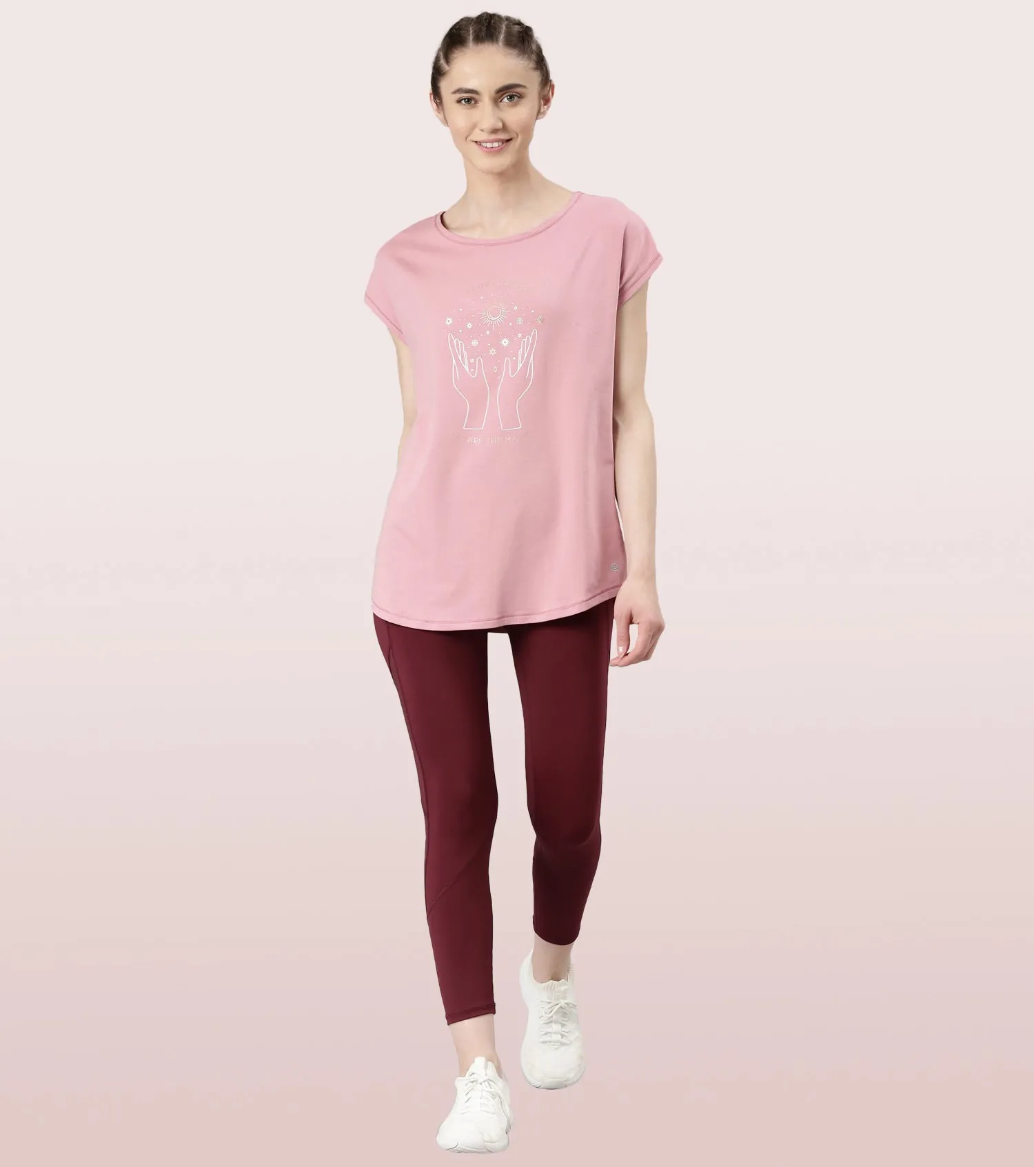 Enamor Meditate Anti-Odour Stretch Cotton Tee For Women | Graphic Printed Tee With Dolman Sleeve & Boat Neck Design | Candy Red Universe Graphic