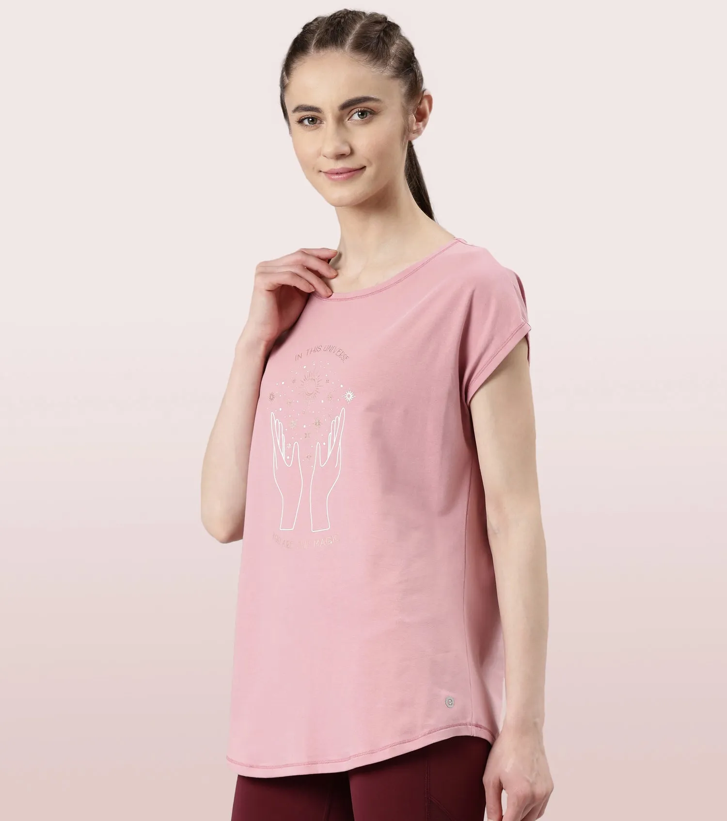 Enamor Meditate Anti-Odour Stretch Cotton Tee For Women | Graphic Printed Tee With Dolman Sleeve & Boat Neck Design | Candy Red Universe Graphic