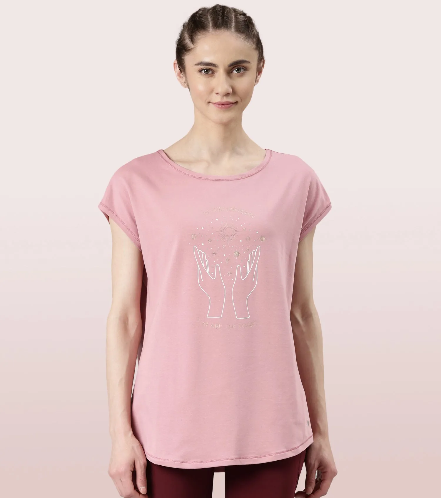 Enamor Meditate Anti-Odour Stretch Cotton Tee For Women | Graphic Printed Tee With Dolman Sleeve & Boat Neck Design | Candy Red Universe Graphic