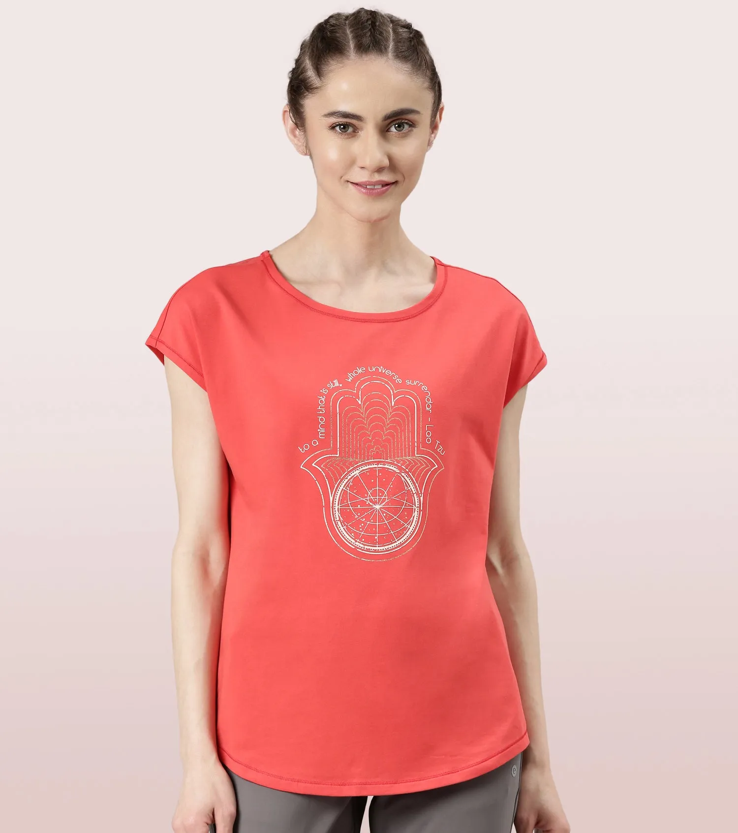 Enamor Meditate Anti-Odour Stretch Cotton Tee For Women | Graphic Printed Tee With Dolman Sleeve & Boat Neck Design | Candy Red Universe Graphic