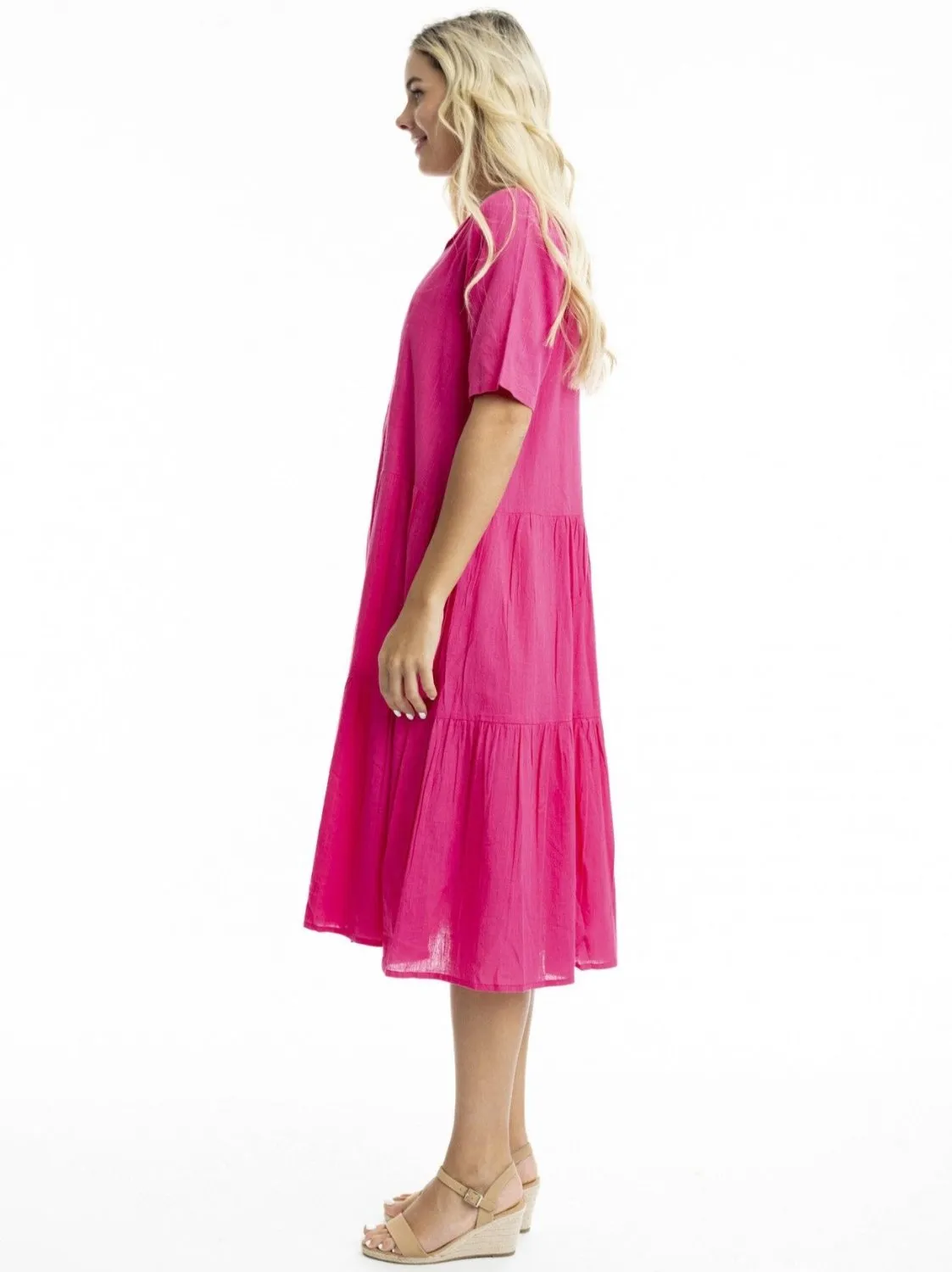 Essentials Layered Midi Dress in Hot Pink