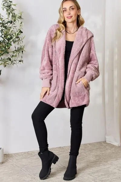 Faux Fur Open Front Hooded Jacket